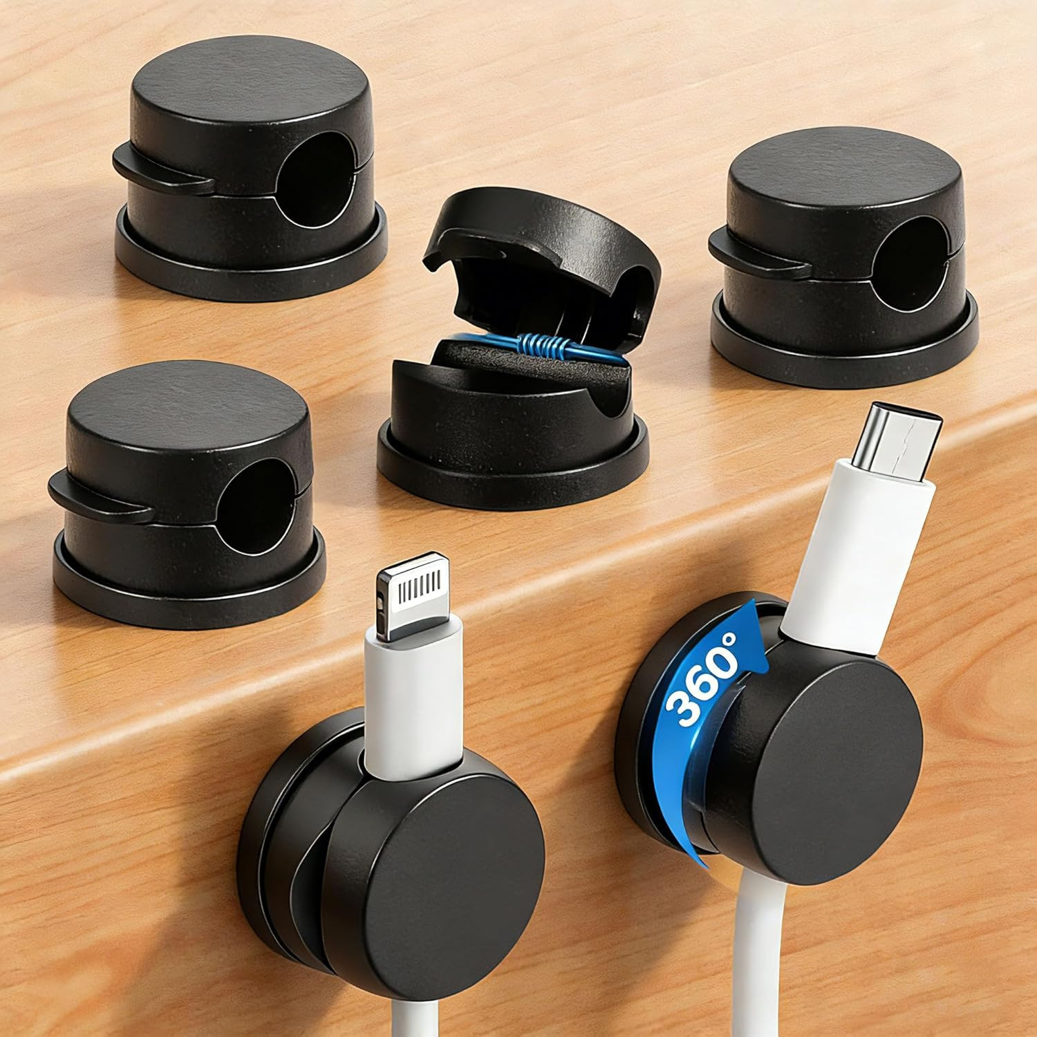 6PC 360° Rotatable Spring Cable Management, Cord Organizer Holder for Desk, Stro