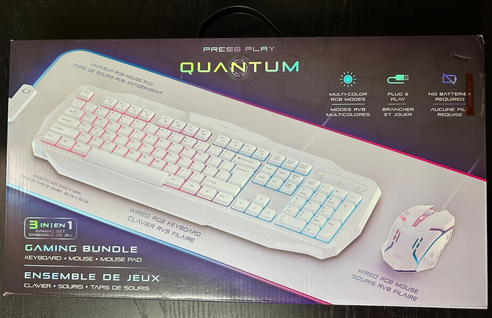 NEW OPEN 3-in-1 QUANTUM Gaming Set Bundle - Keyboard + Mouse + Mousepad - WHITE
