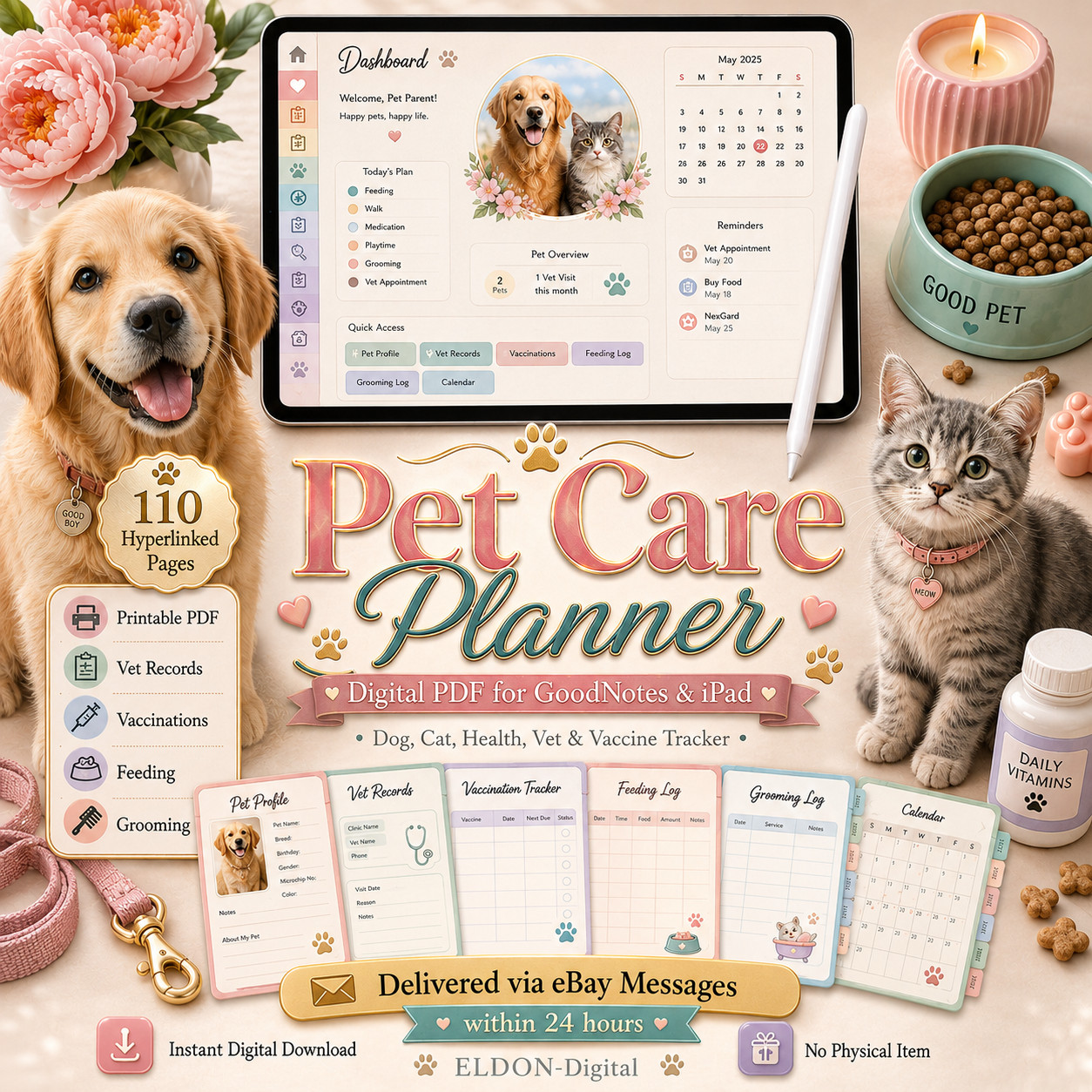 Pet Care Planner Digital PDF GoodNotes iPad Dog Cat Health Vet Vaccine Tracker