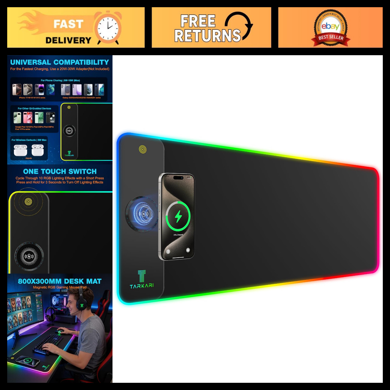 15W RGB Magnetic Wireless Charging Mouse Pad - Large 800x300mm, Pure Black