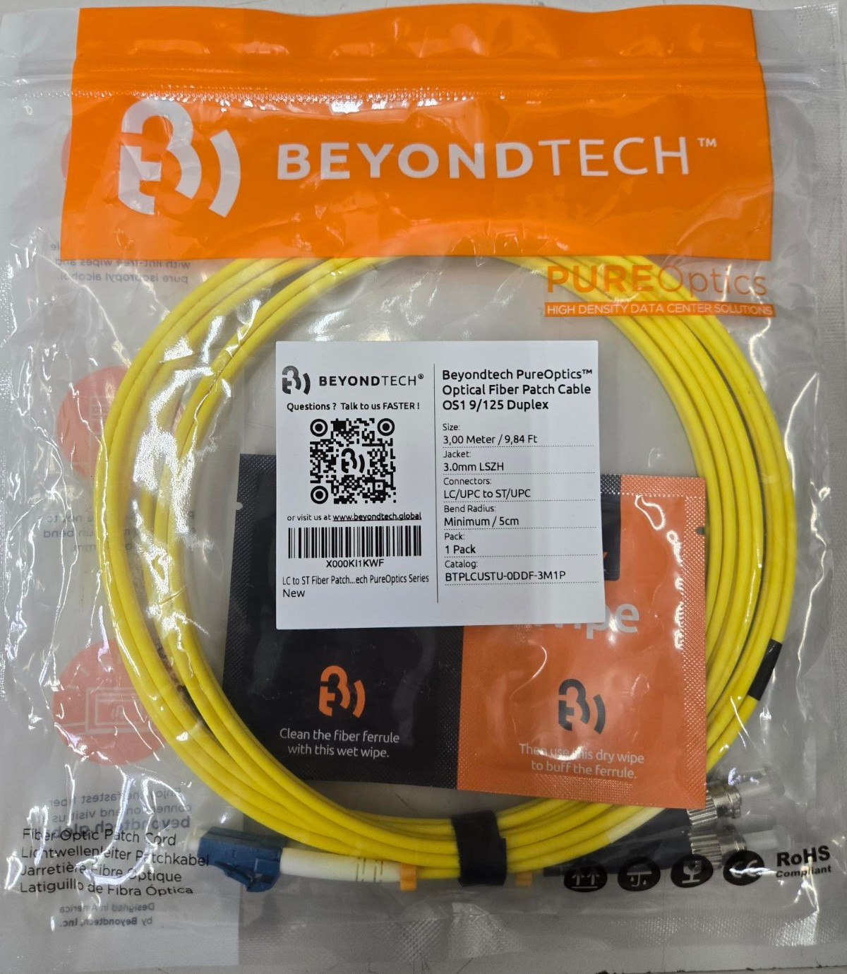 BeyondTech LC to ST Singlemode Duplex 9/125 Fiber Optic Jumper Patch 3m (9.84ft)