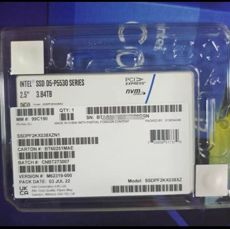 3.84TB Intel SSD D5-P5530 U.2 SSDPF2KX038XZN1 Series DC NVME Solid State Drive