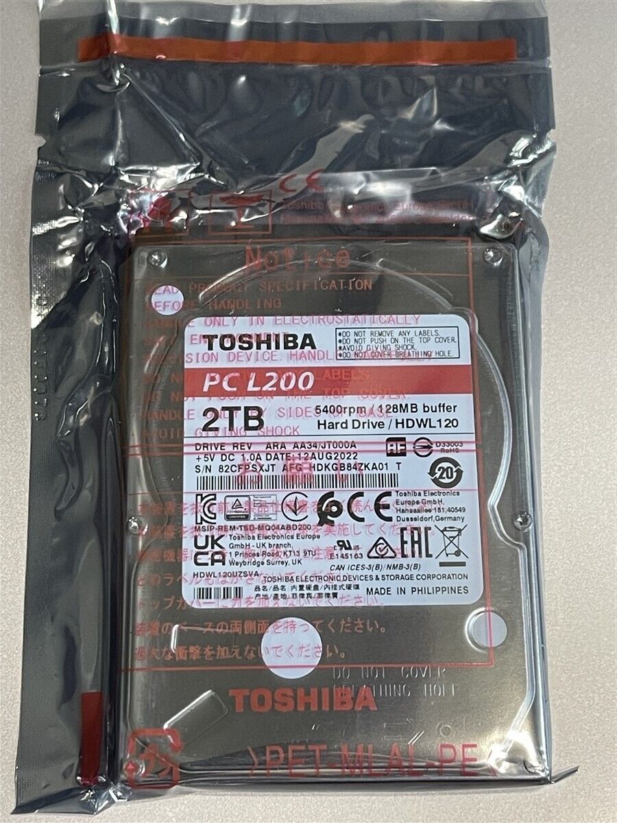 Toshiba L200 2TB 9.5mm 5400RPM, 2.5in (HDWL120XUZSVA Hard Drive NEW lot of 10