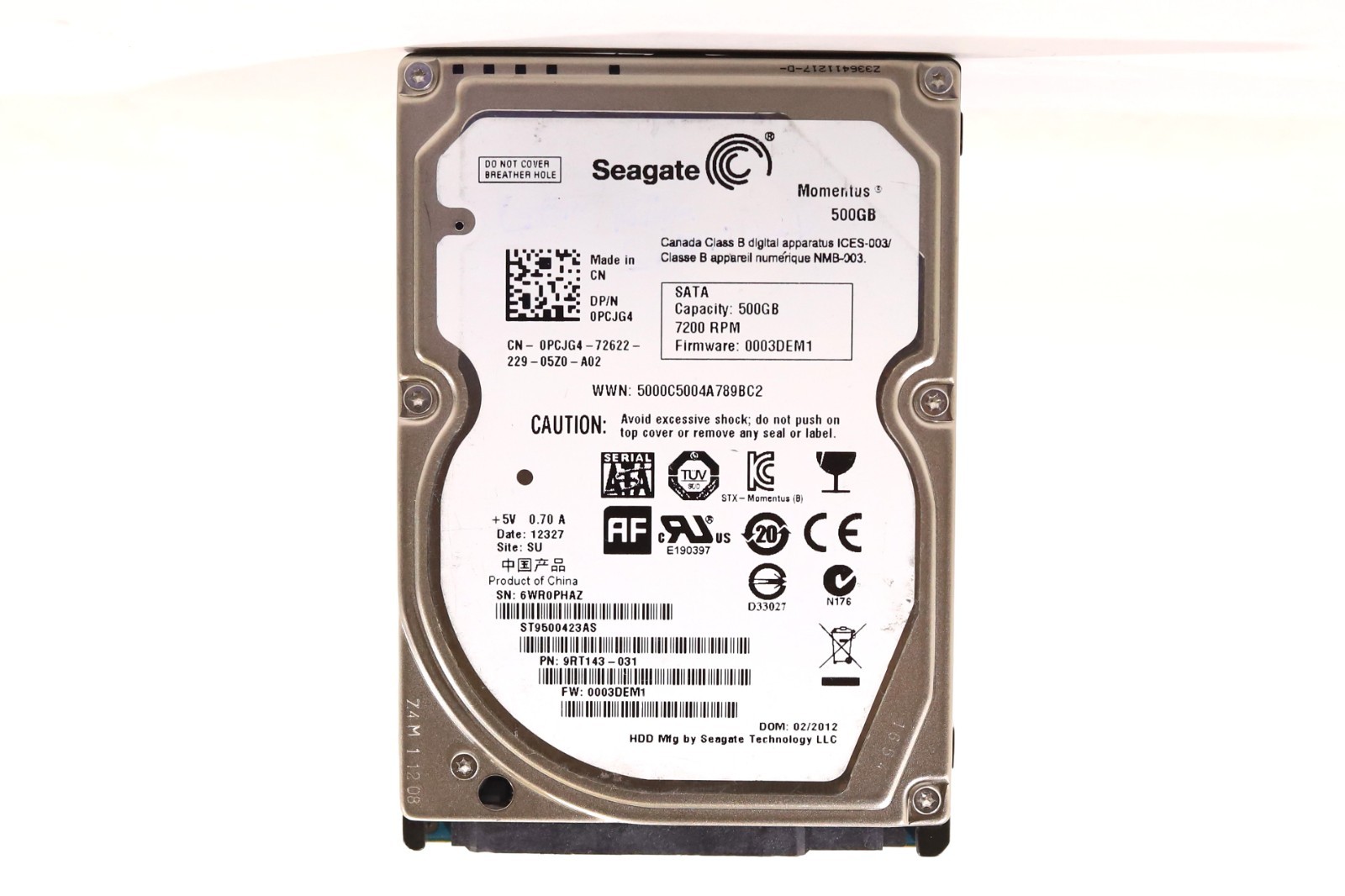 Dell ST9500423AS 500GB 2.5" 3Gb/s 7.2K RPM SATA Hard Drive Dell P/N: 0PCJG4