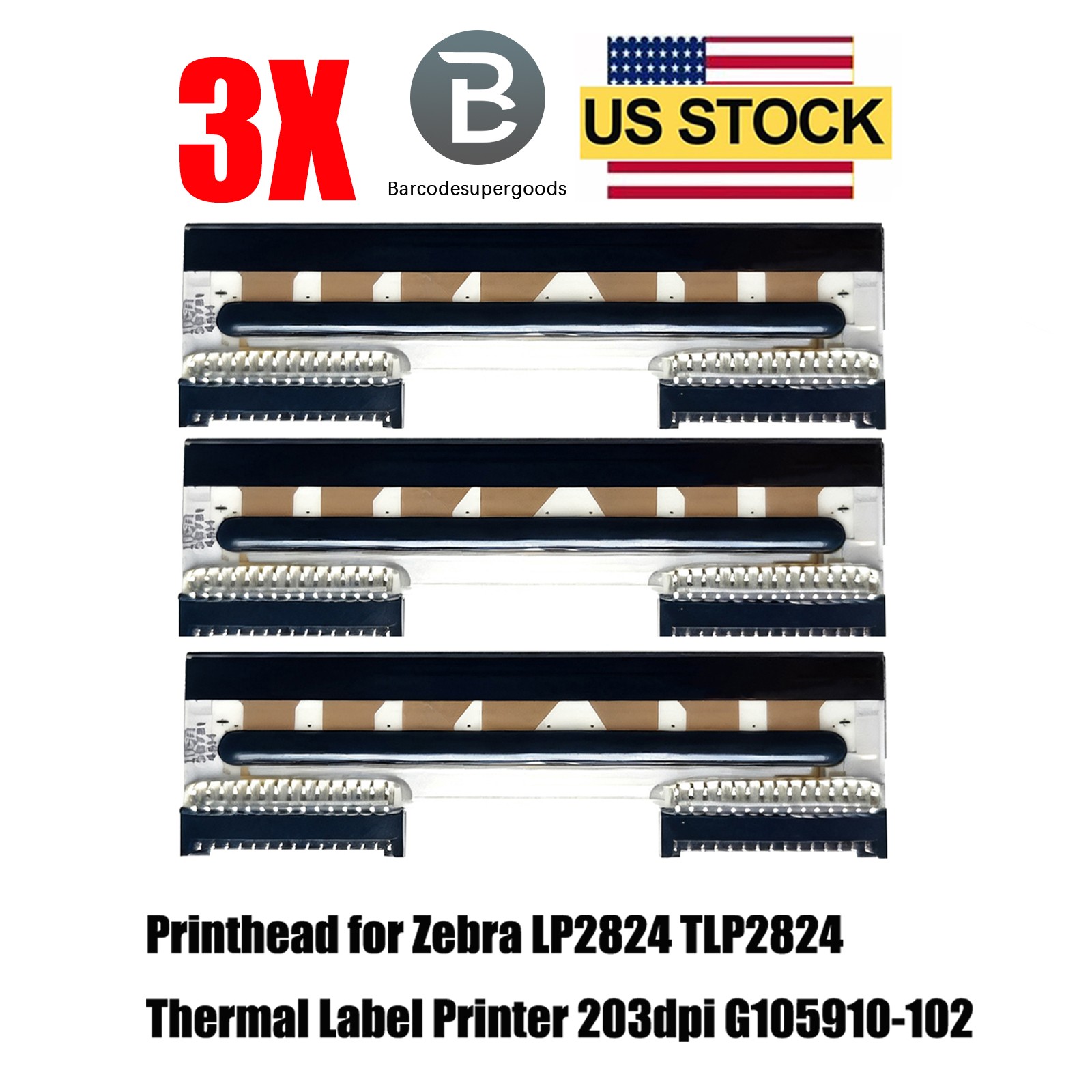 3-Pcs Printhead for Zebra TLP2824 LP2824 Plus Thermal Label Printer G105910-102