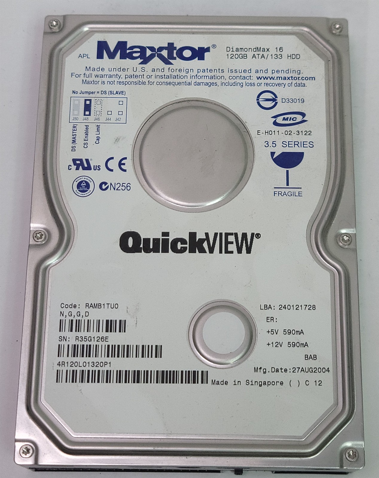 Maxtor 4R120L0 HDD, 120Gb, 3.5" IDE/ATA/ATAPI-7/UDMA/133 - Tested w/pics(Flawed)