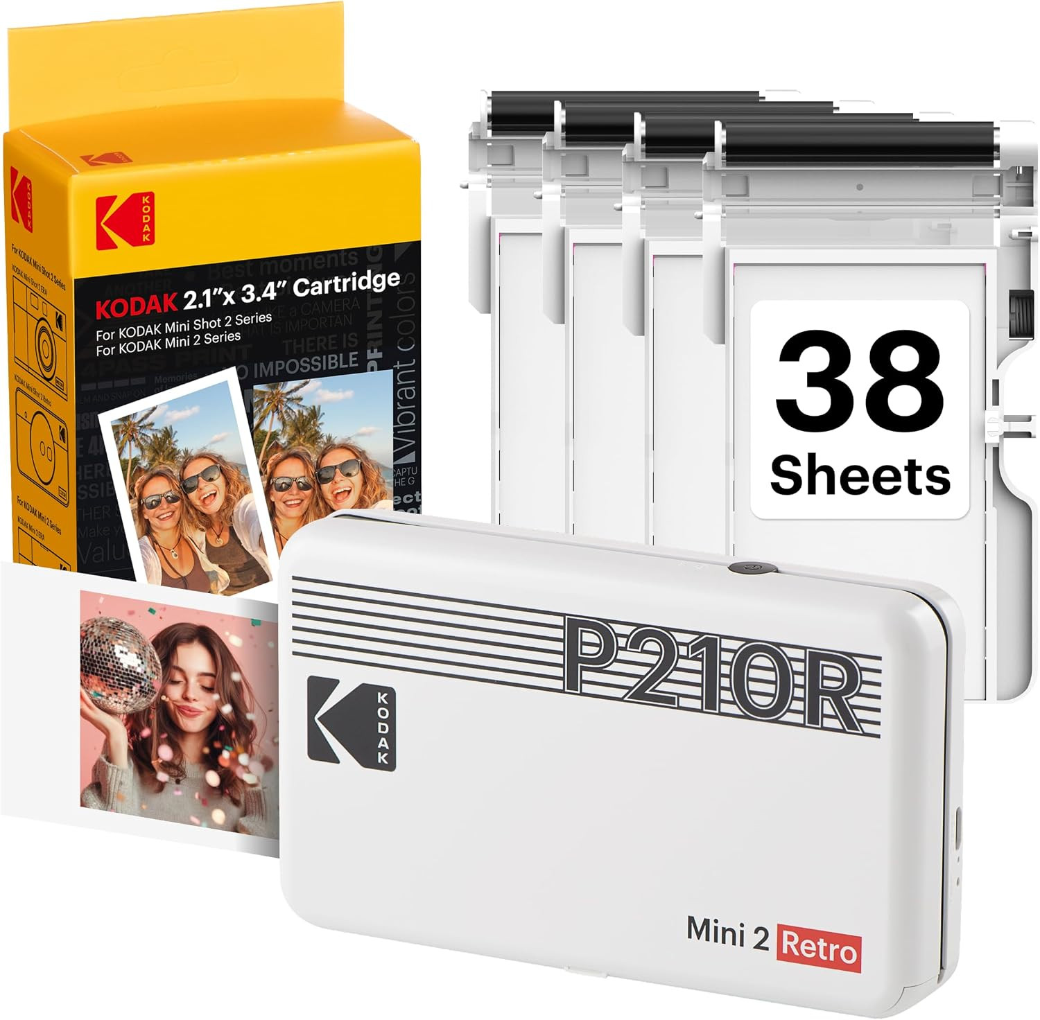 KODAK Mini 2 Retro 2X3 Portable Photo Printer, 4PASS, 38 Sheets, White | Bluetoo
