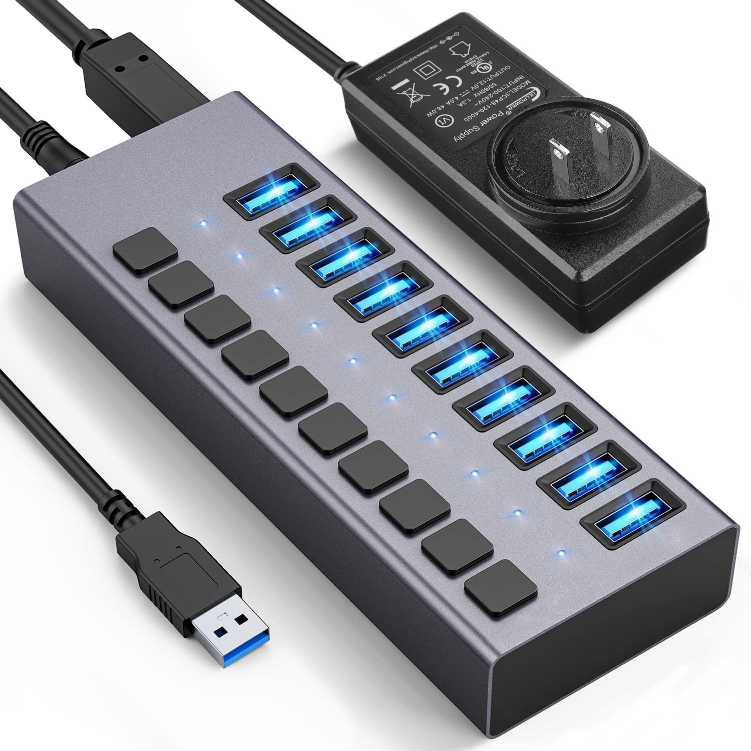 Powered USB Hub - ACASIS 10 Ports 48W USB 3.0 Data Hub - with Individual On/O...