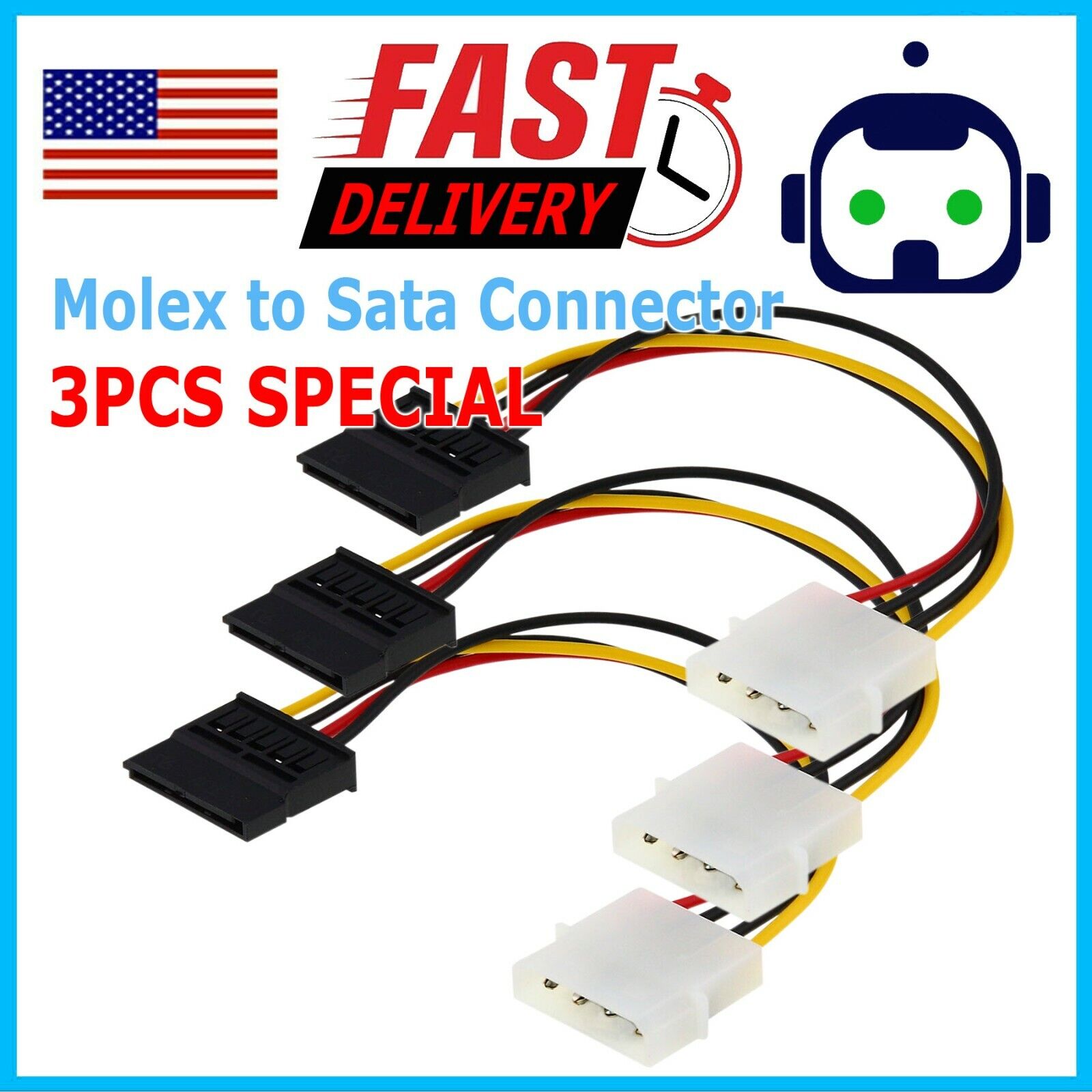 3 PCS 4 PIN IDE Molex To Serial 15 Pin SATA Power Adapter Cable Cord