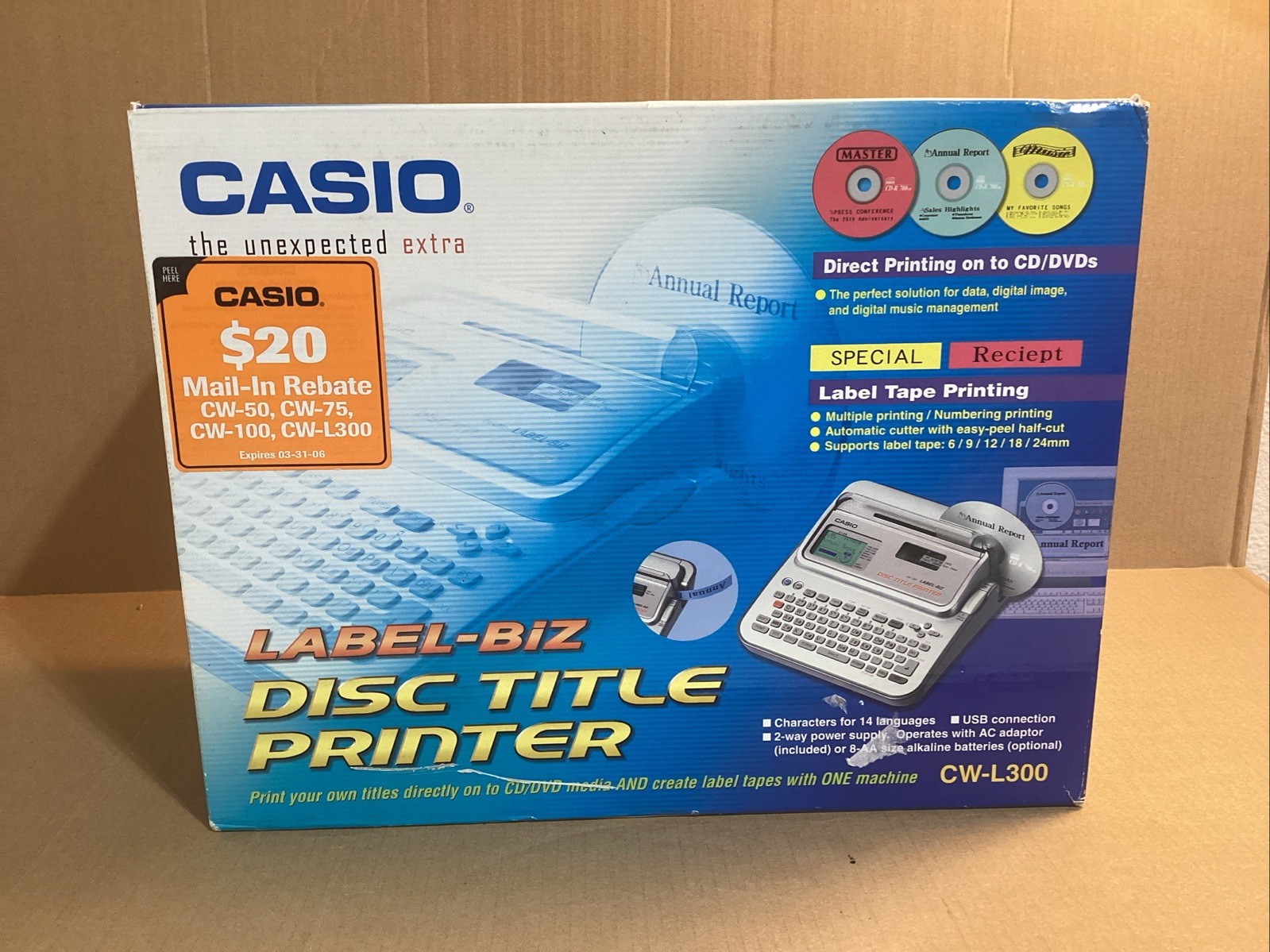 NEW IN BOX Casio CW-L300 CD/DVD Disc Title Printer & Label Maker