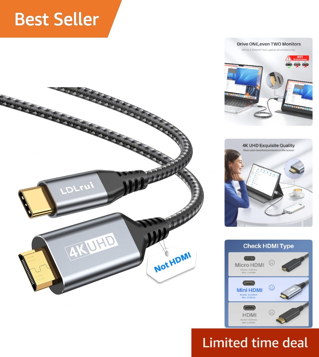 4K60Hz USB C to Mini HDMI Cord – Unidirectional, Perfect for Gaming & Office