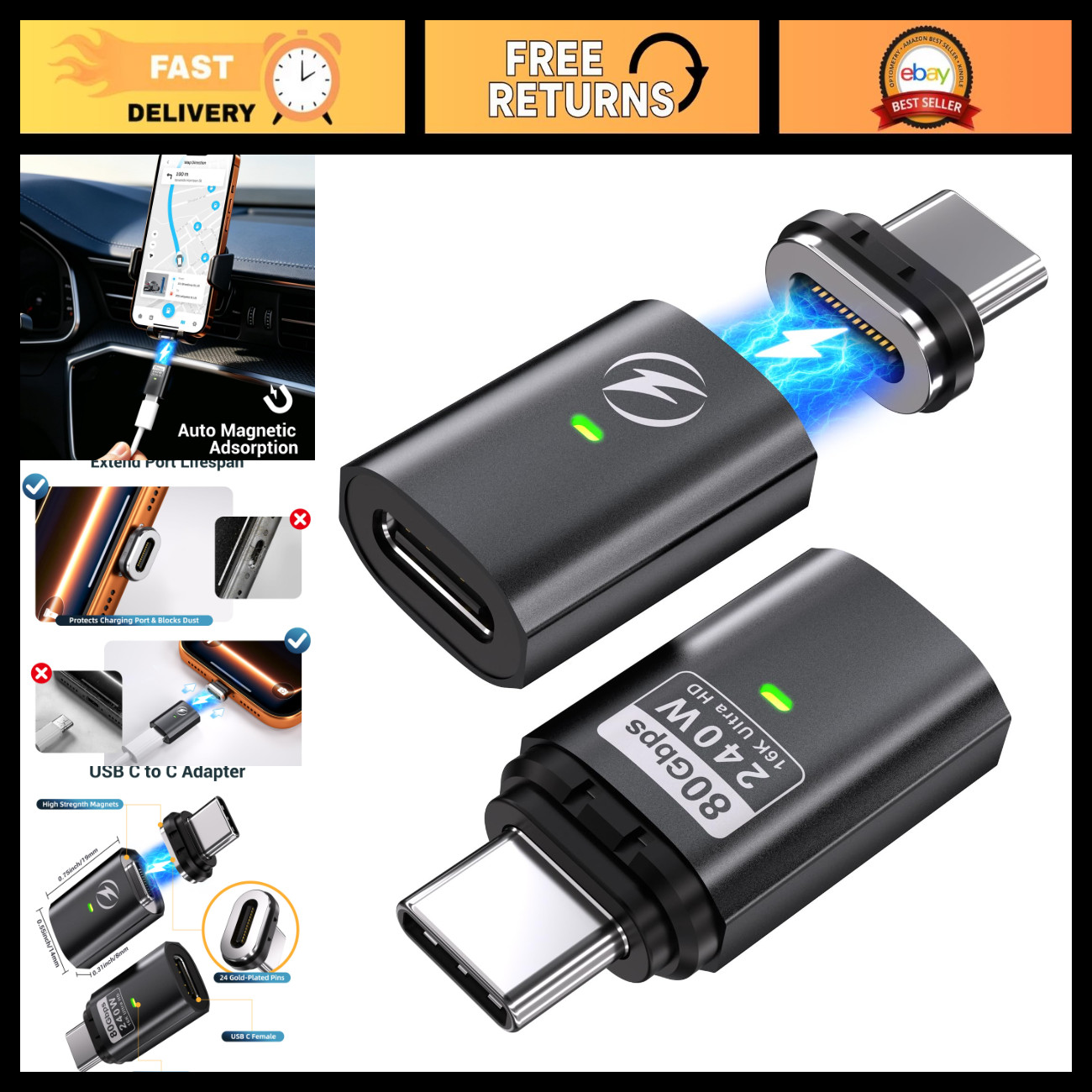 240W USB C Magnetic Adapter 2PCS, 16K Video, 80Gbps Fast Charging Connector