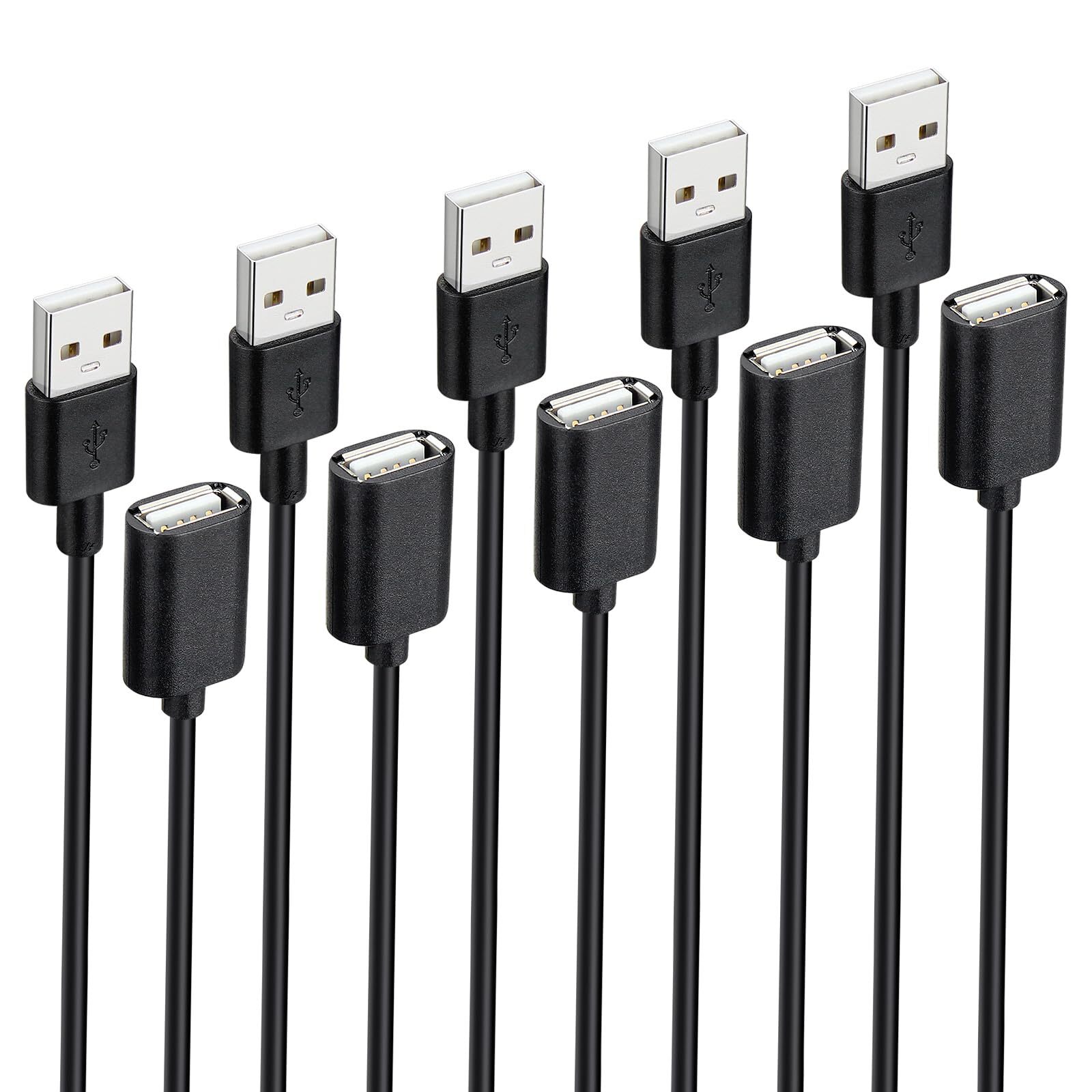 5-Pack USB Extension Cord Bulk, Male to Female, 5 ft USB-A 2.0 Extender Cable