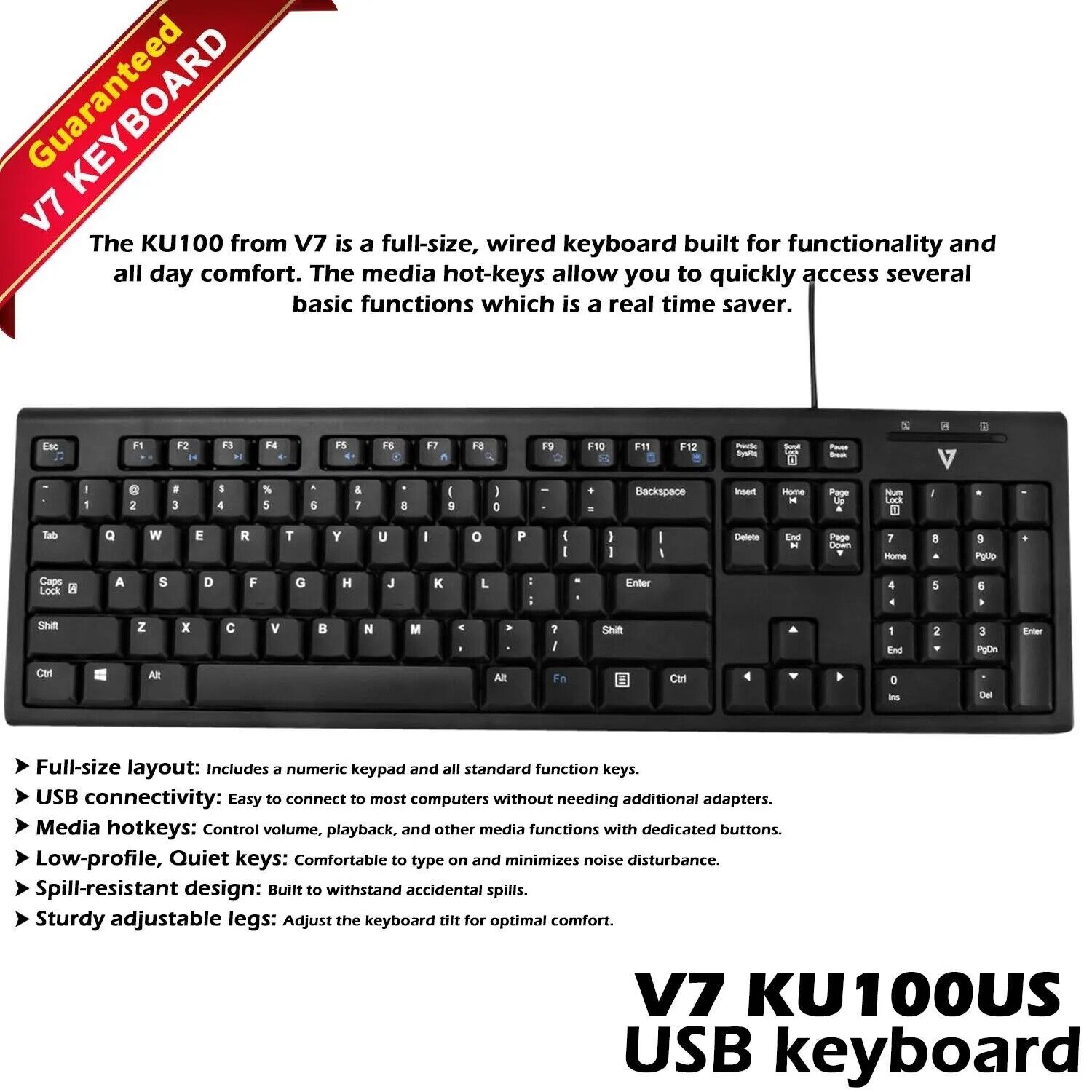 V7 KU100US USB Keyboard With Ps/2 Adapter Black