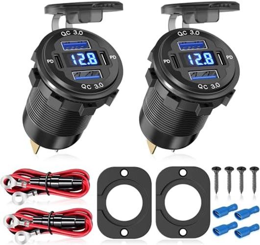 2Pcs 12V/24V Outlet with Voltmeter, Quick Charge 3.0 Dual USB Power Outlet,