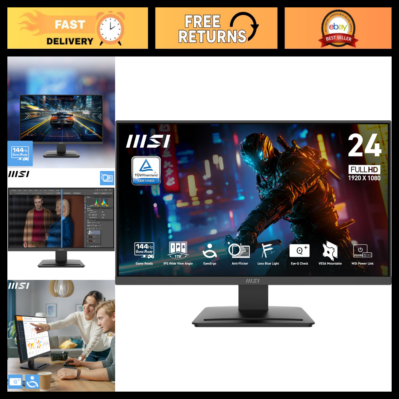 24" FHD Gaming Office Monitor, 144Hz, IPS, FreeSync, HDR, HDMI/VGA, VESA Mountab