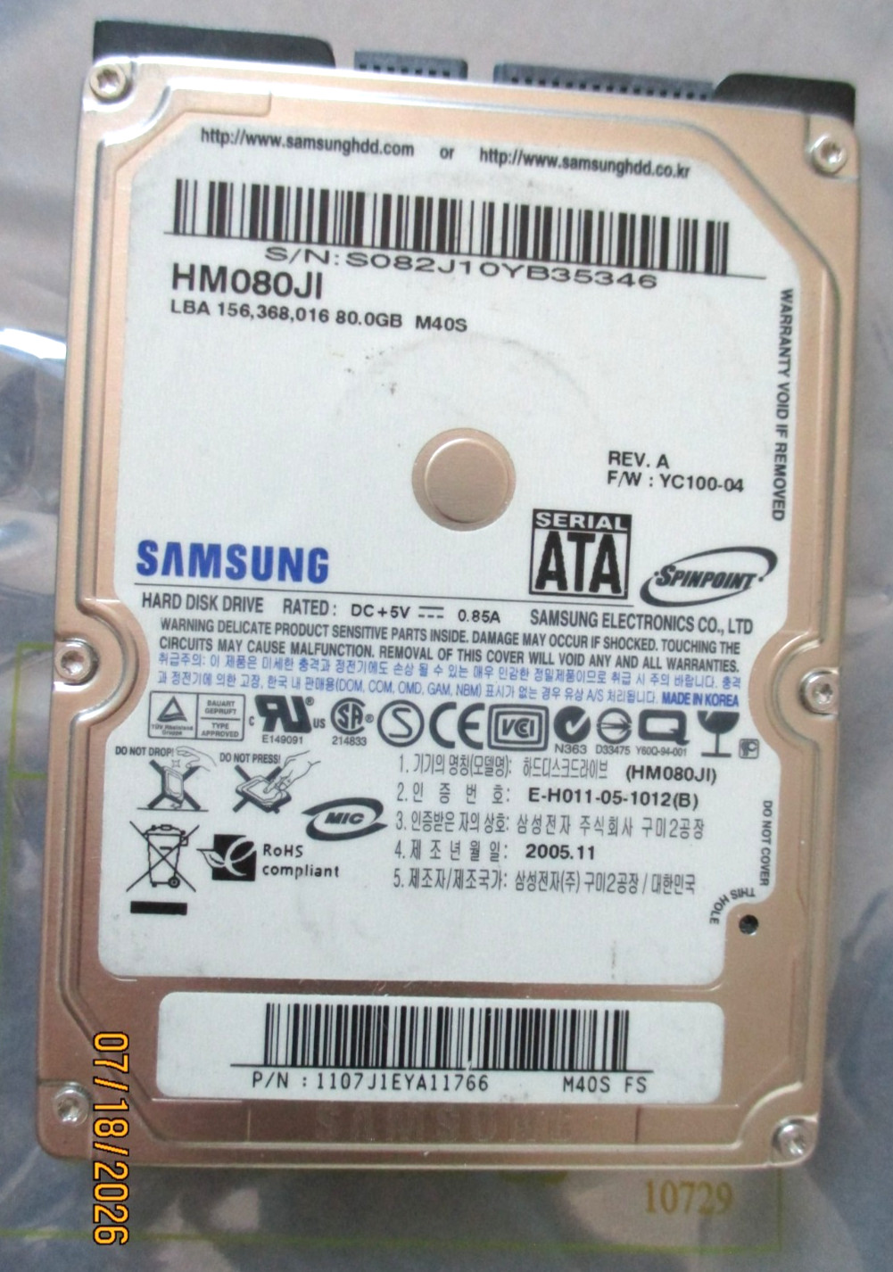 Samsung 3.5" SATA HDD Drive HM080JI F/W YC100-04 M40S BF41-00098A