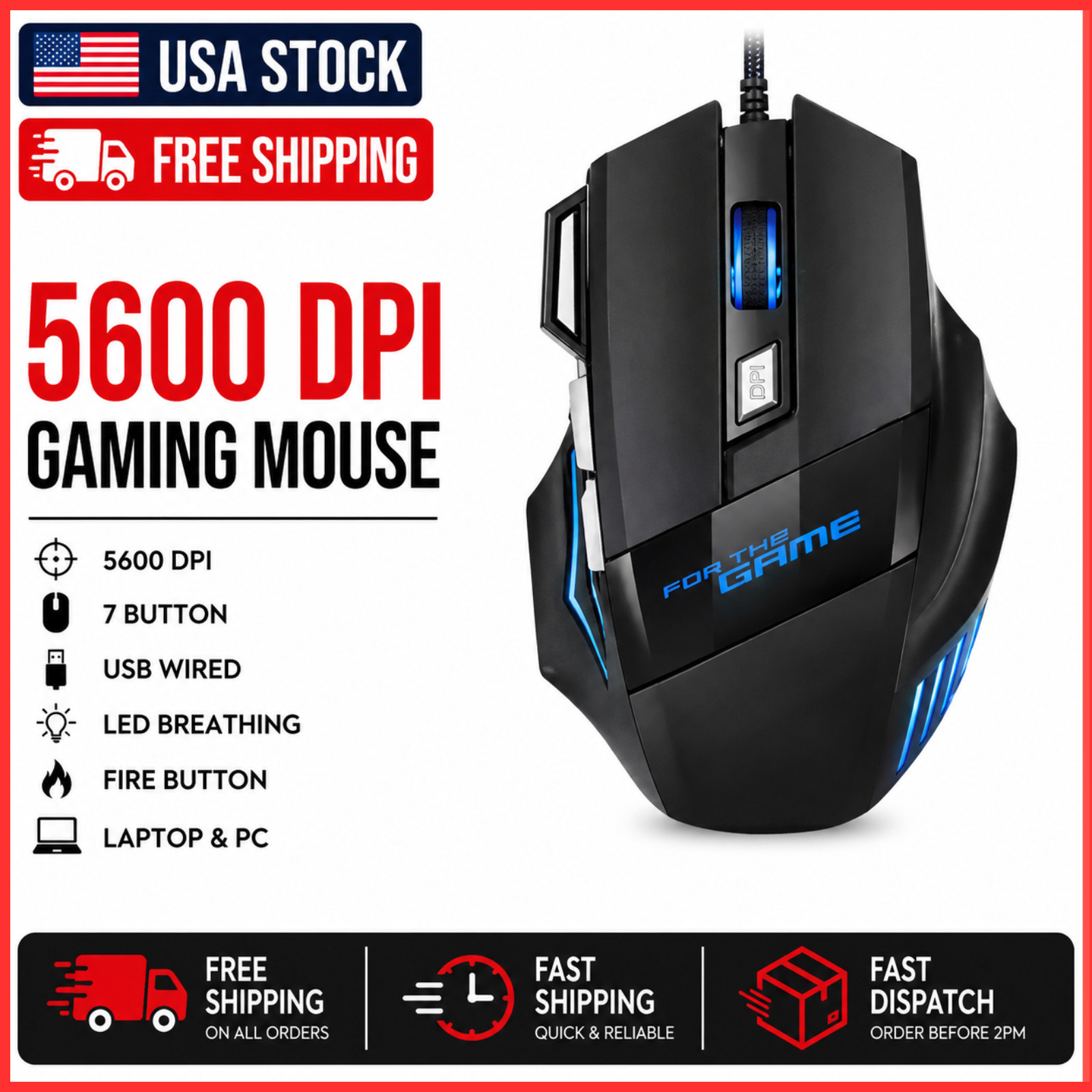 USB Wired Gaming Mouse 5600 DPI 7 Button LED RGB Optical Mouse for PC Laptop