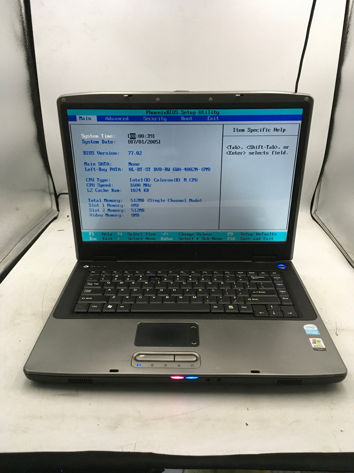 GATEWAY MA7 MX6214 - BOOTS TO BIOS - INTEL CELERON - 512MB RAM - 15" - READ - BB