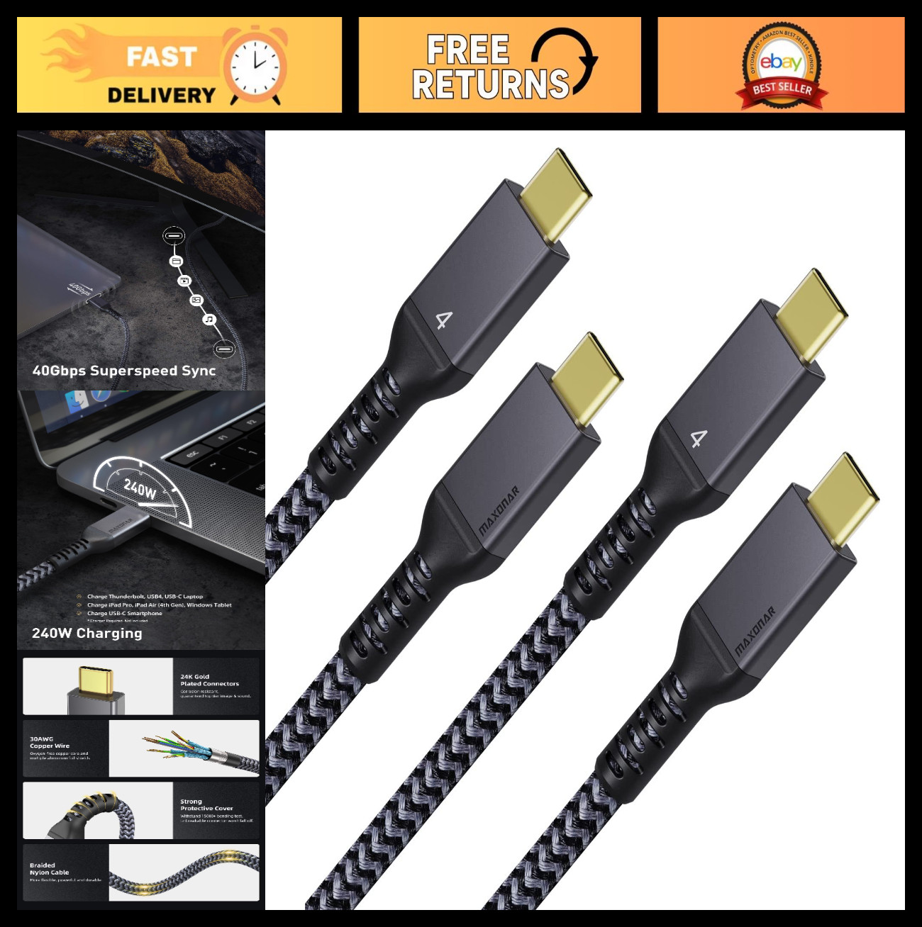 2 Pack Thunderbolt 4 Cable 40Gbps 240W 8K High-Speed 3.3FT for Fast Data Transfe