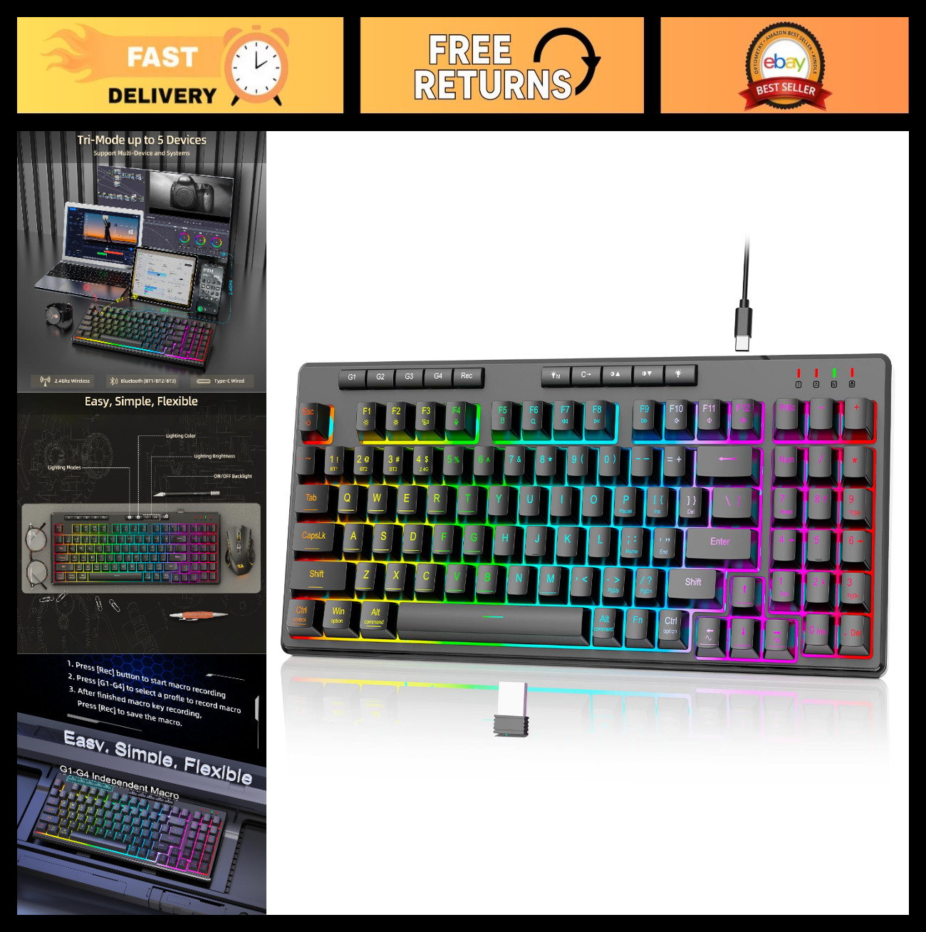 Wireless RGB Gaming Keyboard, Mechanical Feel, Tri-Mode BT/2.4GHz/USB-C, 94 Keys