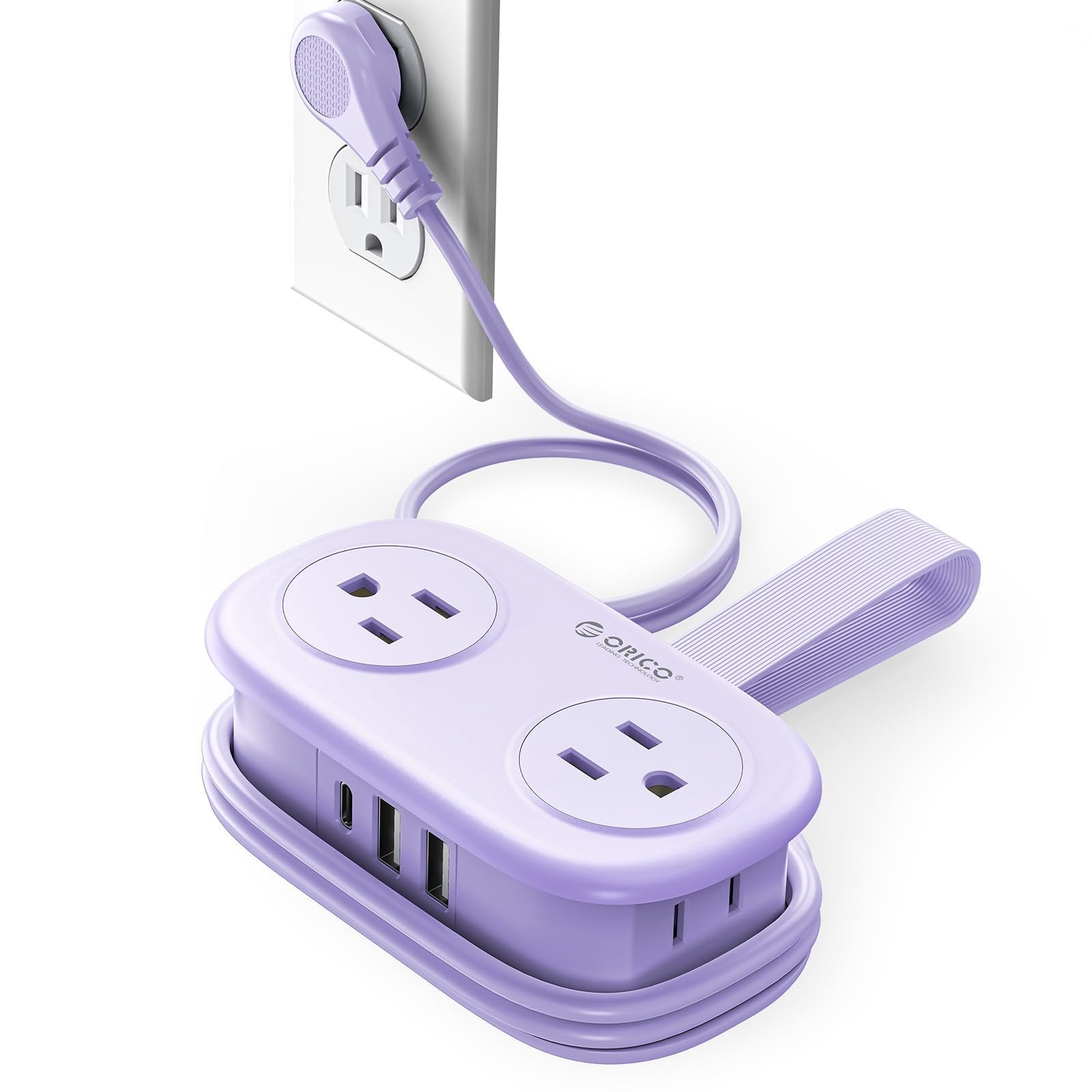 Purple Travel Power Strip 4 AC Outlets 3 USB Ports 4FT Flat Extension Cord