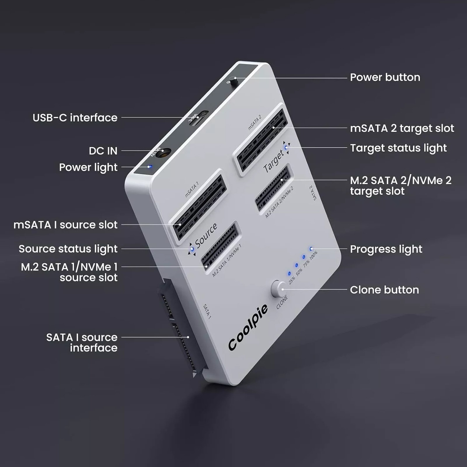 NVME/SATA 3in1 SSD Cloner Offline Clone M.2 Cloner fr M.2 NVME/SATA mSATA SATAT7