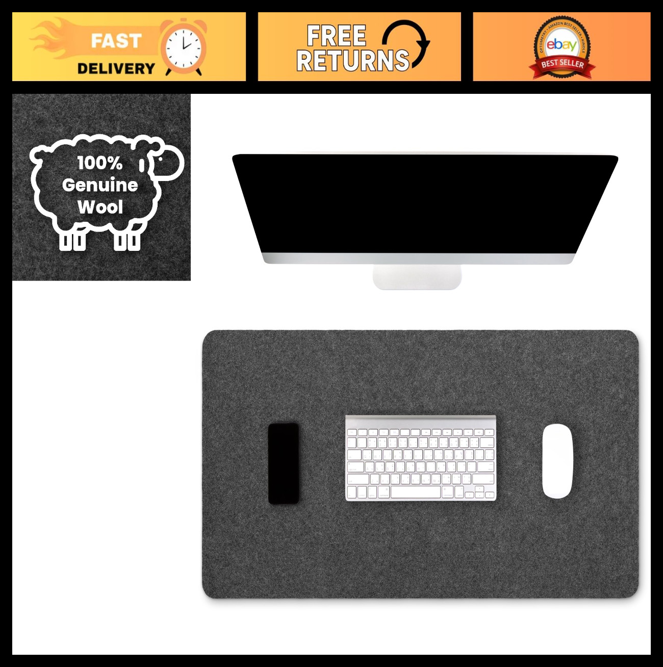 Premium Real Wool Felt Desk Pad - Non-Slip Backing, 32x16 Inch Office Mat