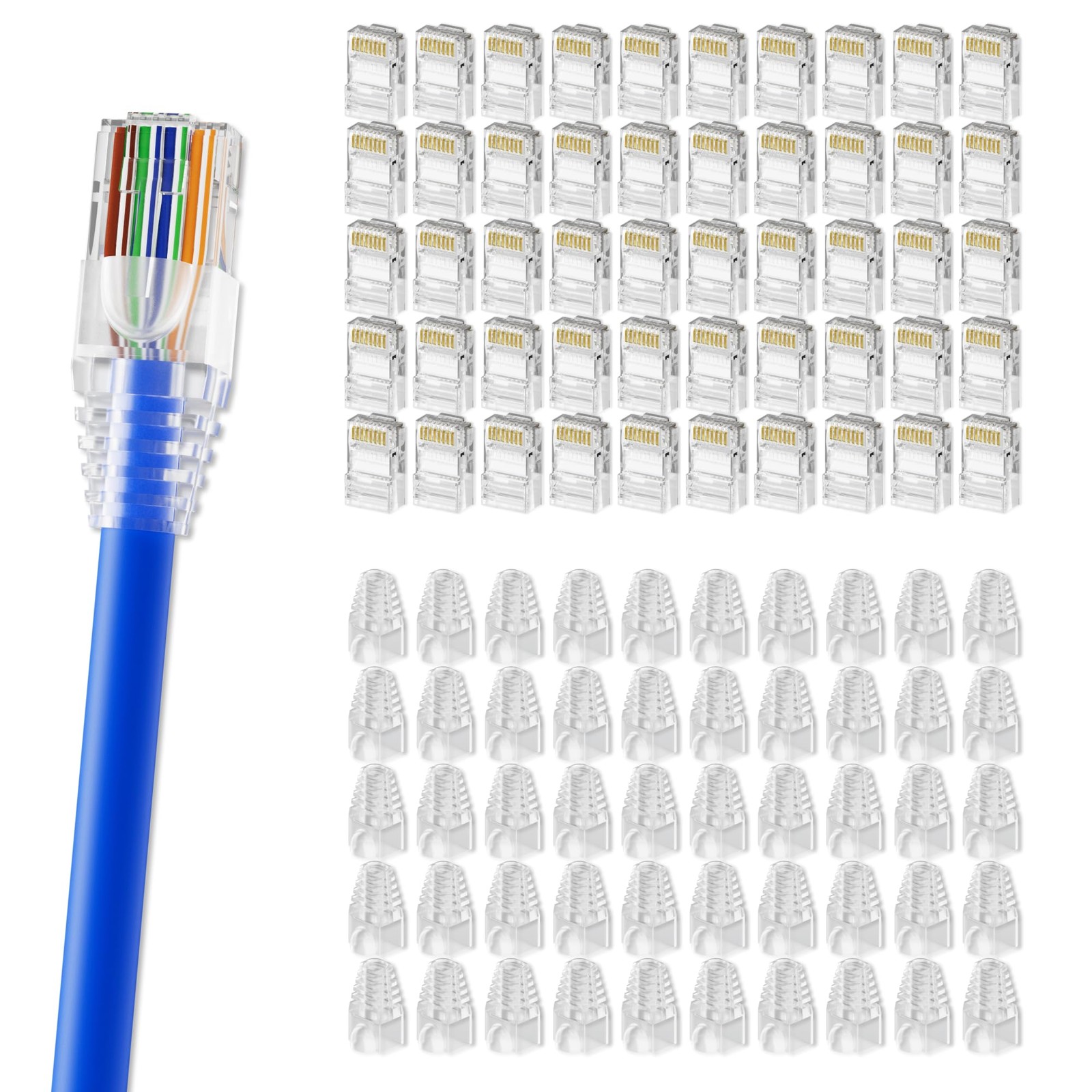 100 Pack RJ45 Connector Cat6 Plug Transparent Strain Relief Boot Gold Plated