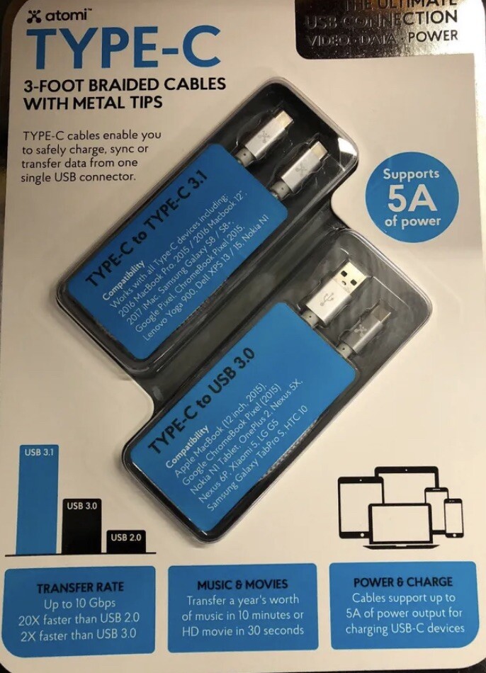 New In Package Atomi Type-C 3-foot Braided Cables with Metal Tips 2 pack
