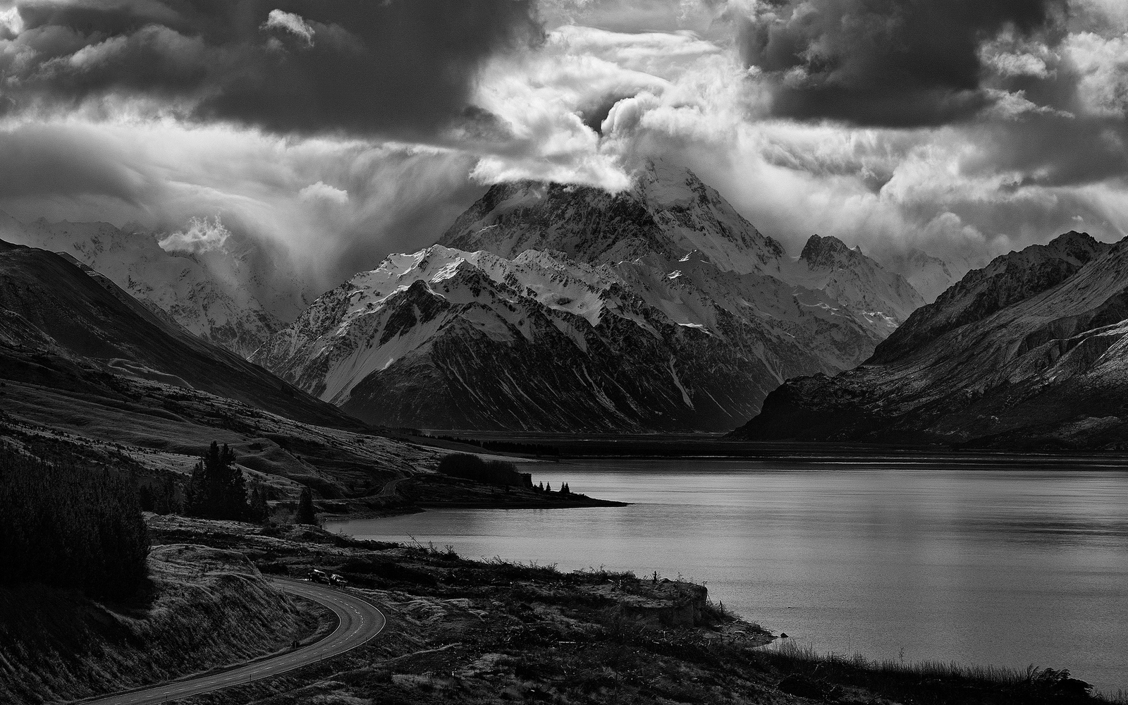 Landscape nature lake mountains road clouds monochrome Custom Gaming Mat Desk