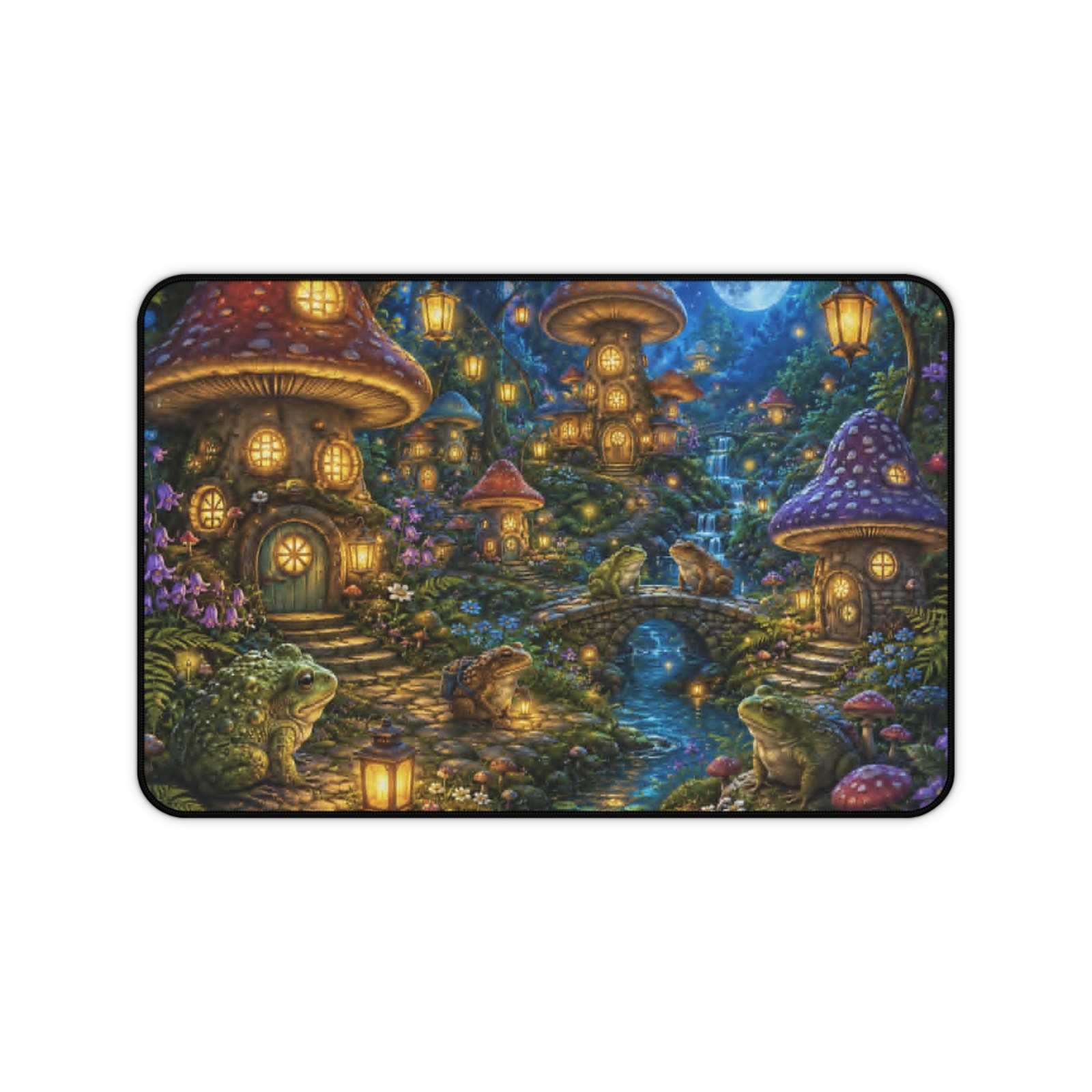 Enchanted Mushroom Village Desk Mat  Fairy Night Forest Mouse Frog Scene