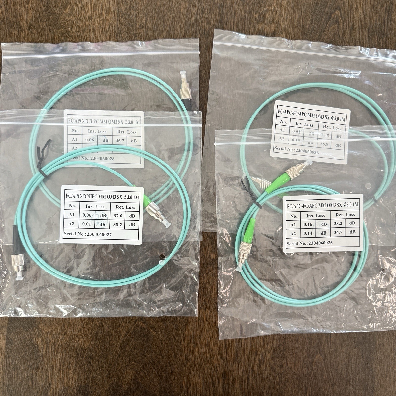 OM3 Multimode Fiber Optic Patch Cable Lot of 4 FC-APC FC-UPC Simplex 1M Aqua