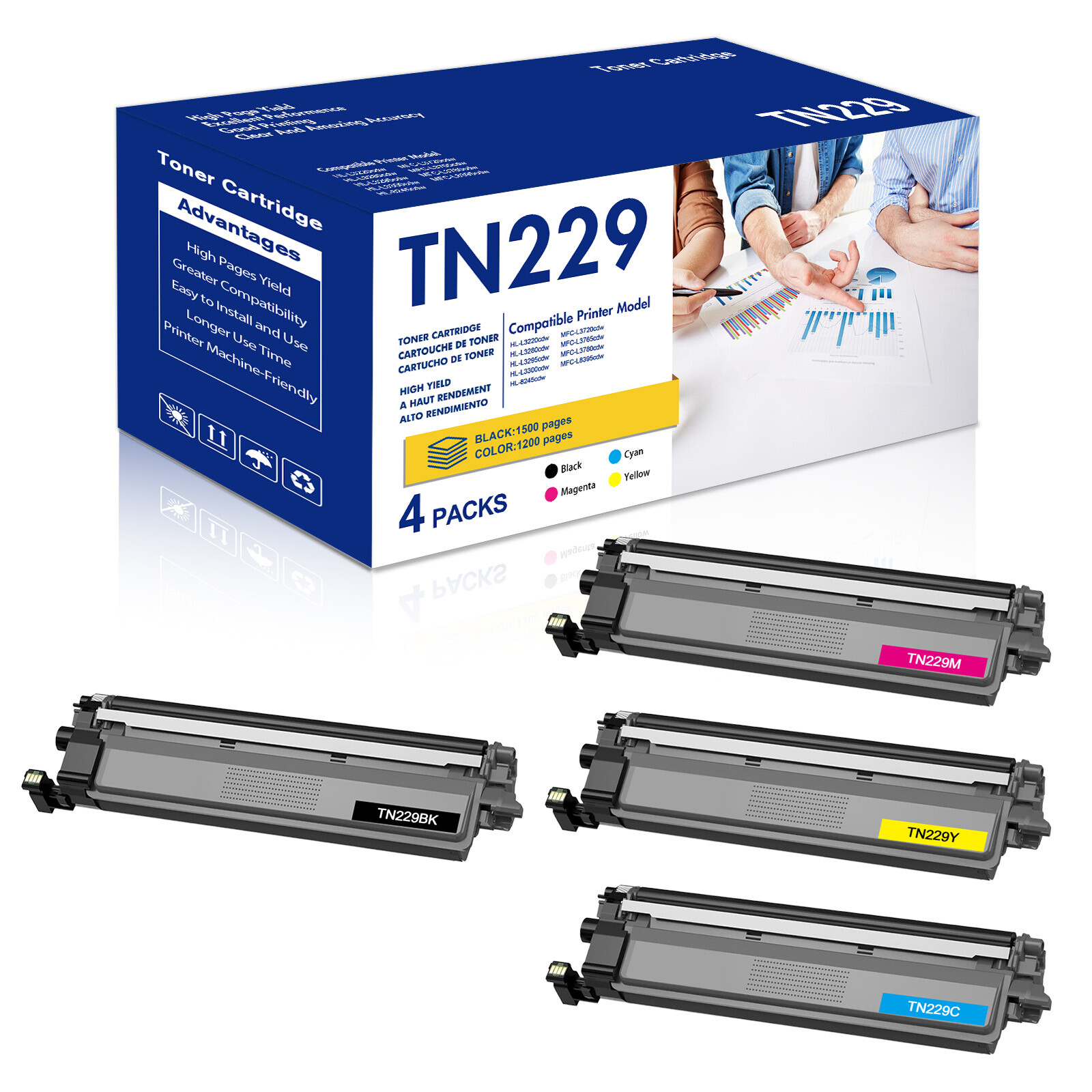 4x TN229 BCYM Color Toner Cartridge For Brother HL-L3300CDW HL-L8245CDW MFCL8395