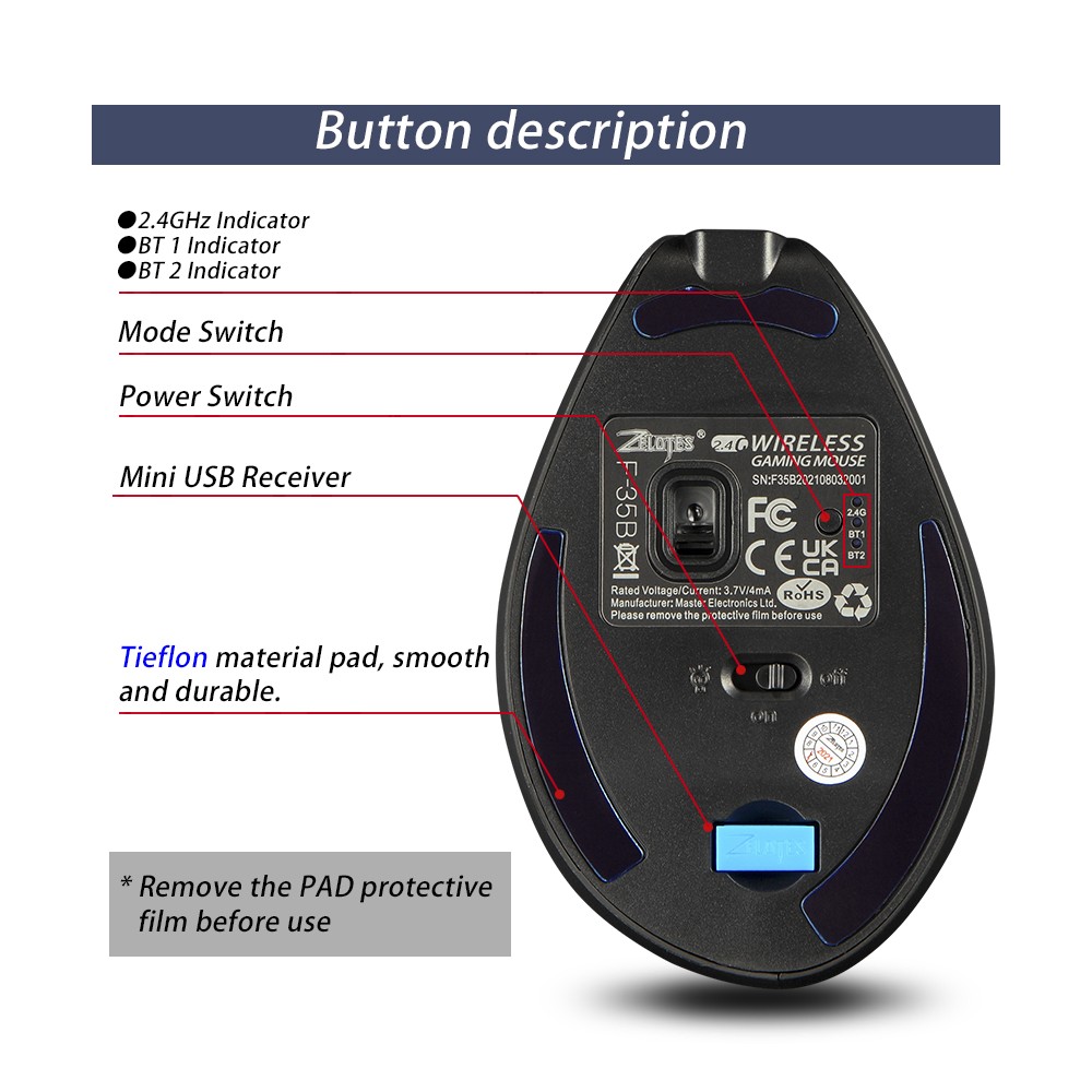 ZELOTES F-35B Wireless Gaming Mouse 2.4G+BT3.0+BT5.0 Three-mode Ergonomic V FTHQ