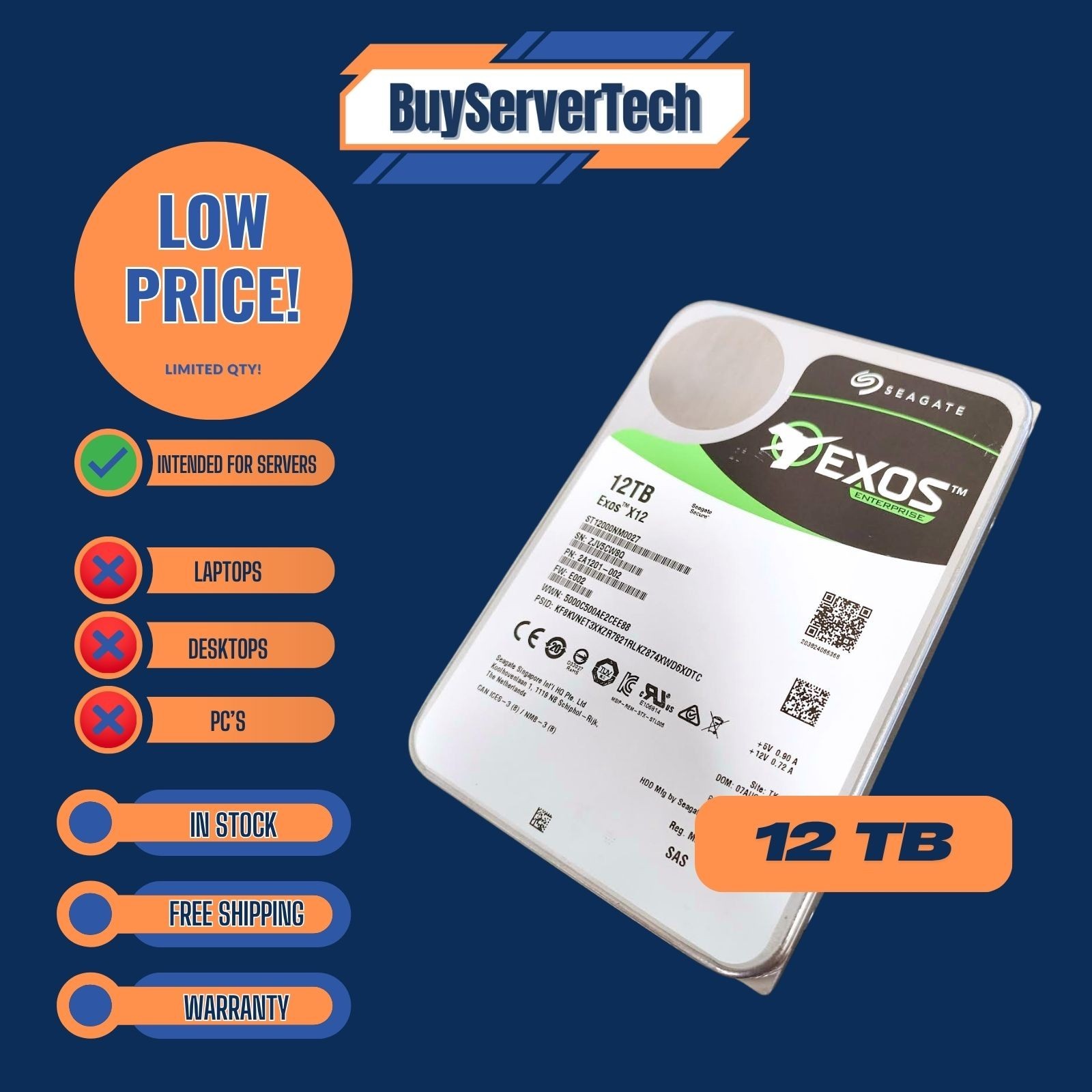 Seagate ST12000NM0027 Exos X12 12TB 12Gb 4KN 7.2K 256MB SAS 3.5" Hard Disk Drive
