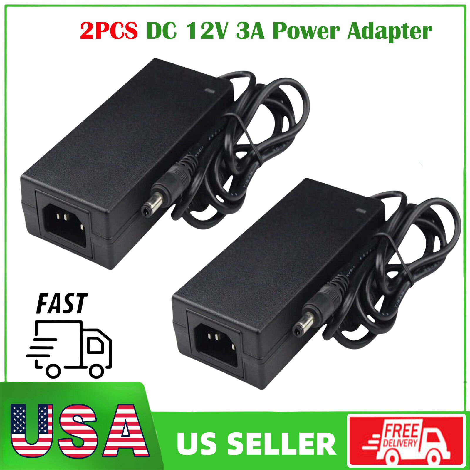 2 Pack 12V 3A Power Supply DC Adapter Charger 5.5x2.5mm UL Listed