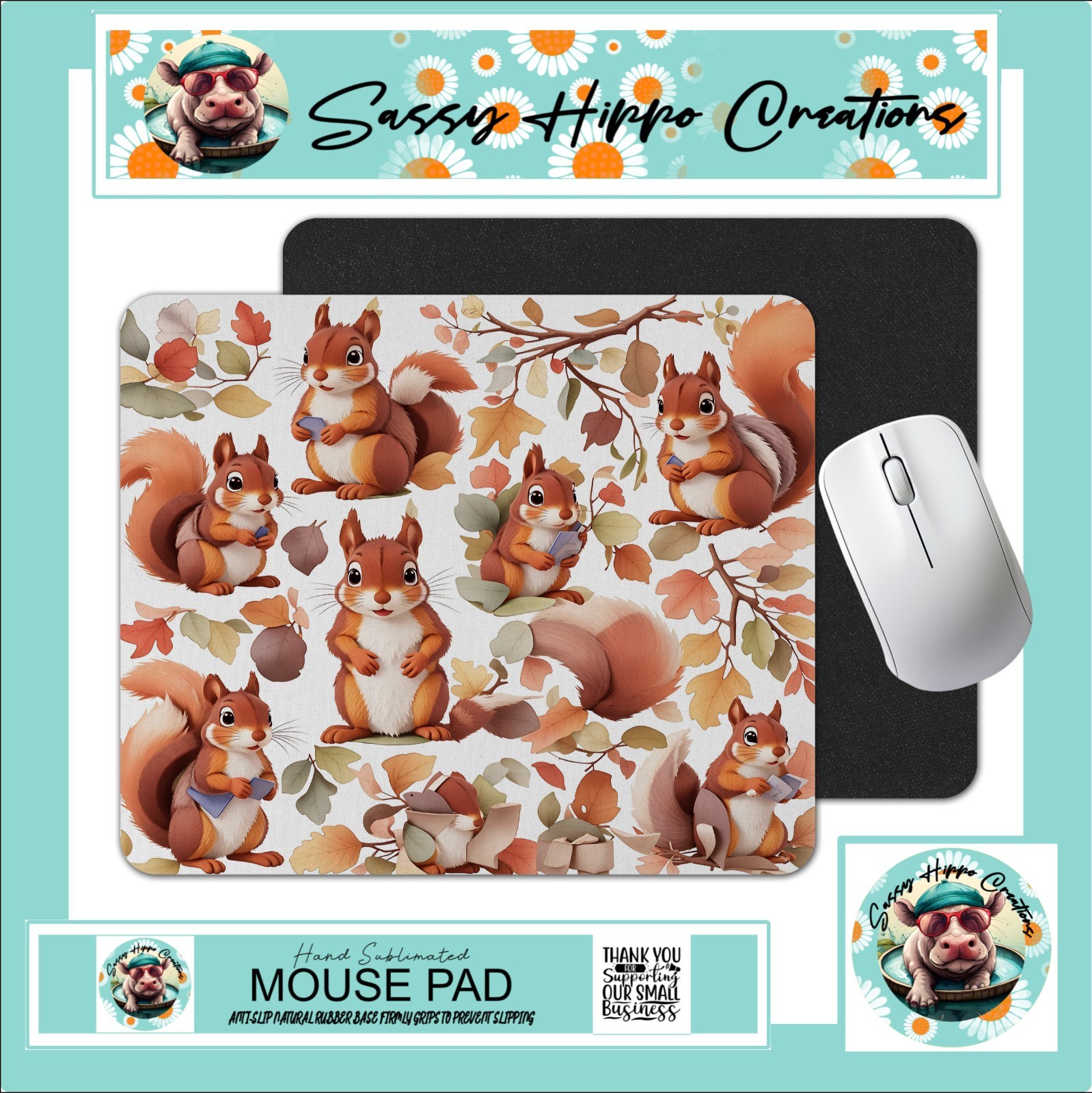 Mouse Pad Cute Autumn Squirrels Fall Leaves Anti Slip Back Easy Clean Sublimated