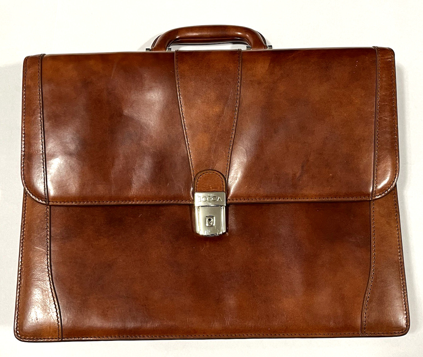 Vtg Bosca ITALIAN LEATHER BAG Brief Stringer Laptop Attache Hand Stained MINT