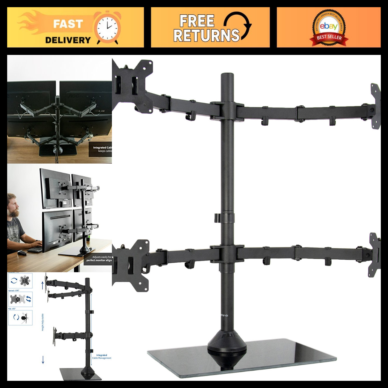 Adjustable Quad Monitor Desk Stand Mount - Free Standing Heavy Duty Glass Base,