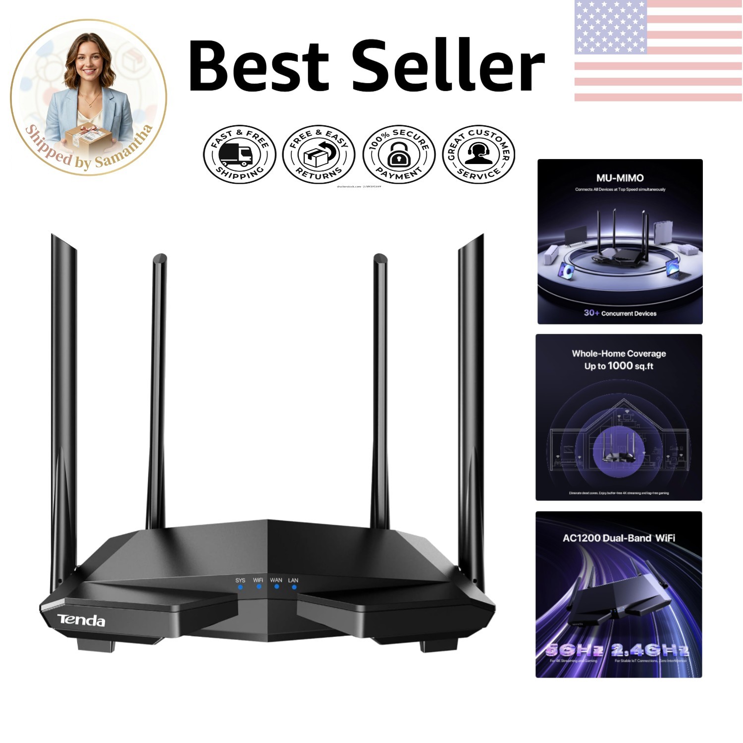 Tenda AC1200 Smart WiFi Router - 1200 Mbps Dual-Band with Beamforming & AP Mode