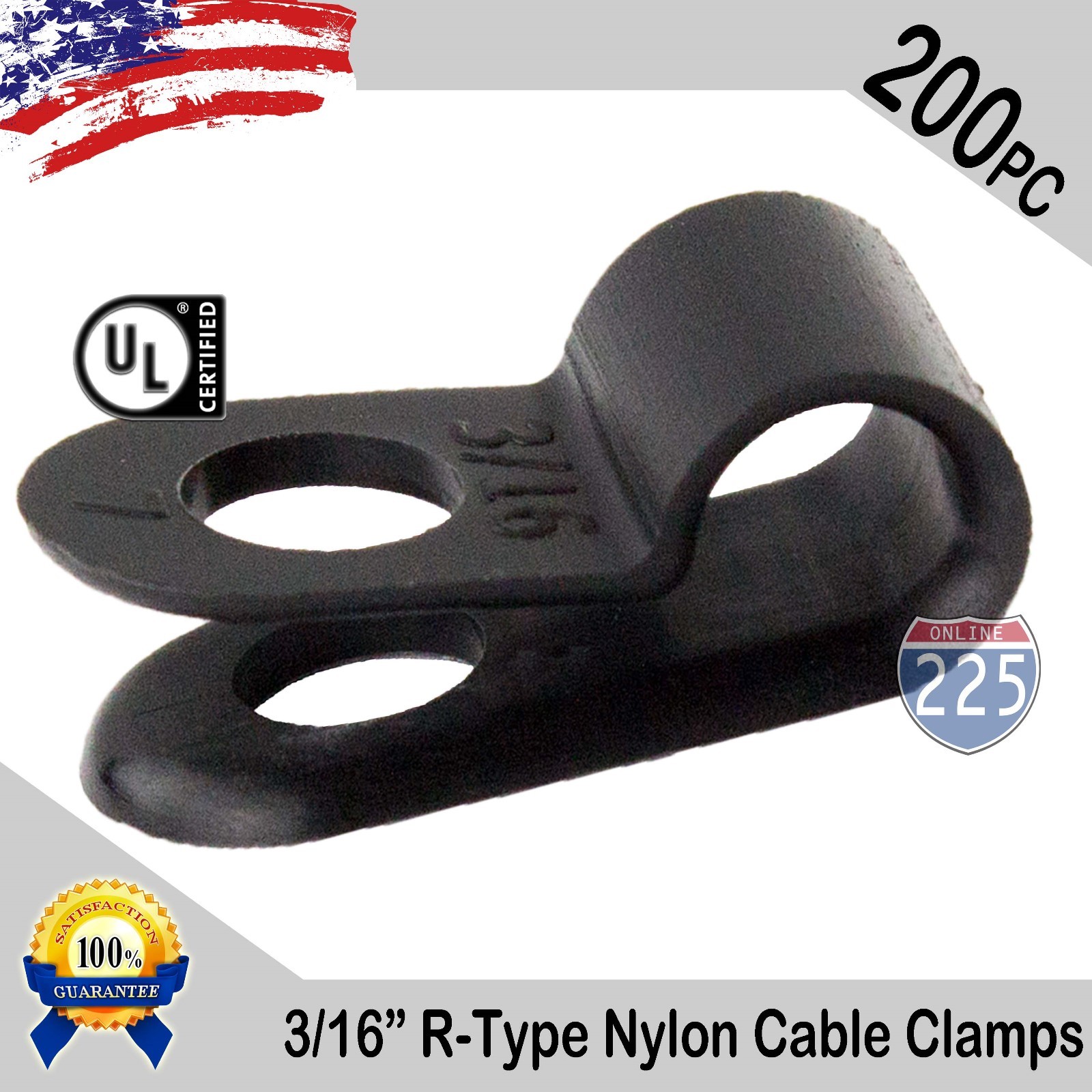200 PCS PACK 3/16" Inch R-Type CABLE CLAMPS NYLON BLACK HOSE WIRE ELECTRICAL UV