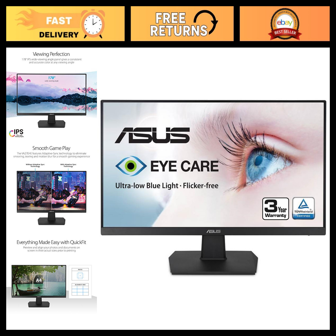 27" Full HD IPS Monitor, 75Hz, Adaptive-Sync, HDMI & D-Sub, Frameless Display
