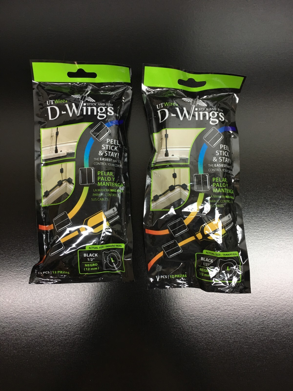 UTWire D-Wings Stick And Stay UTW-12D12-BK Cord Clip Organizer 1/2" Black