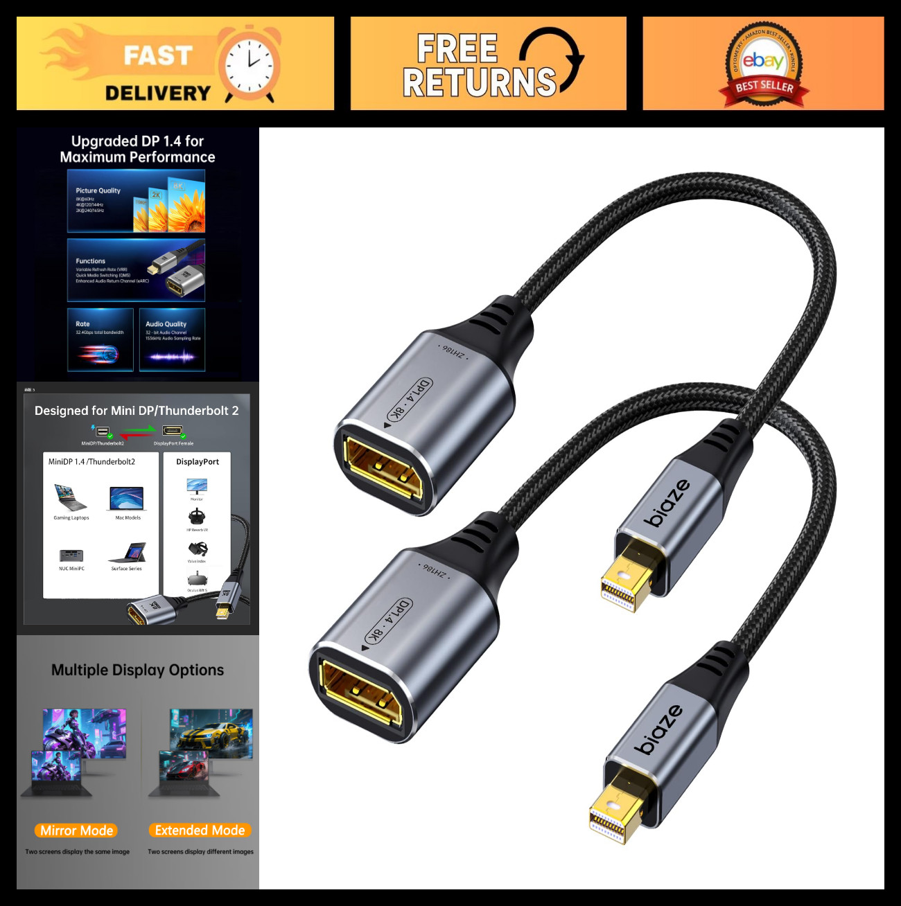 8K Mini DisplayPort to DisplayPort Adapter - 32.4Gbps 8K@60Hz Converter, 2 Pack