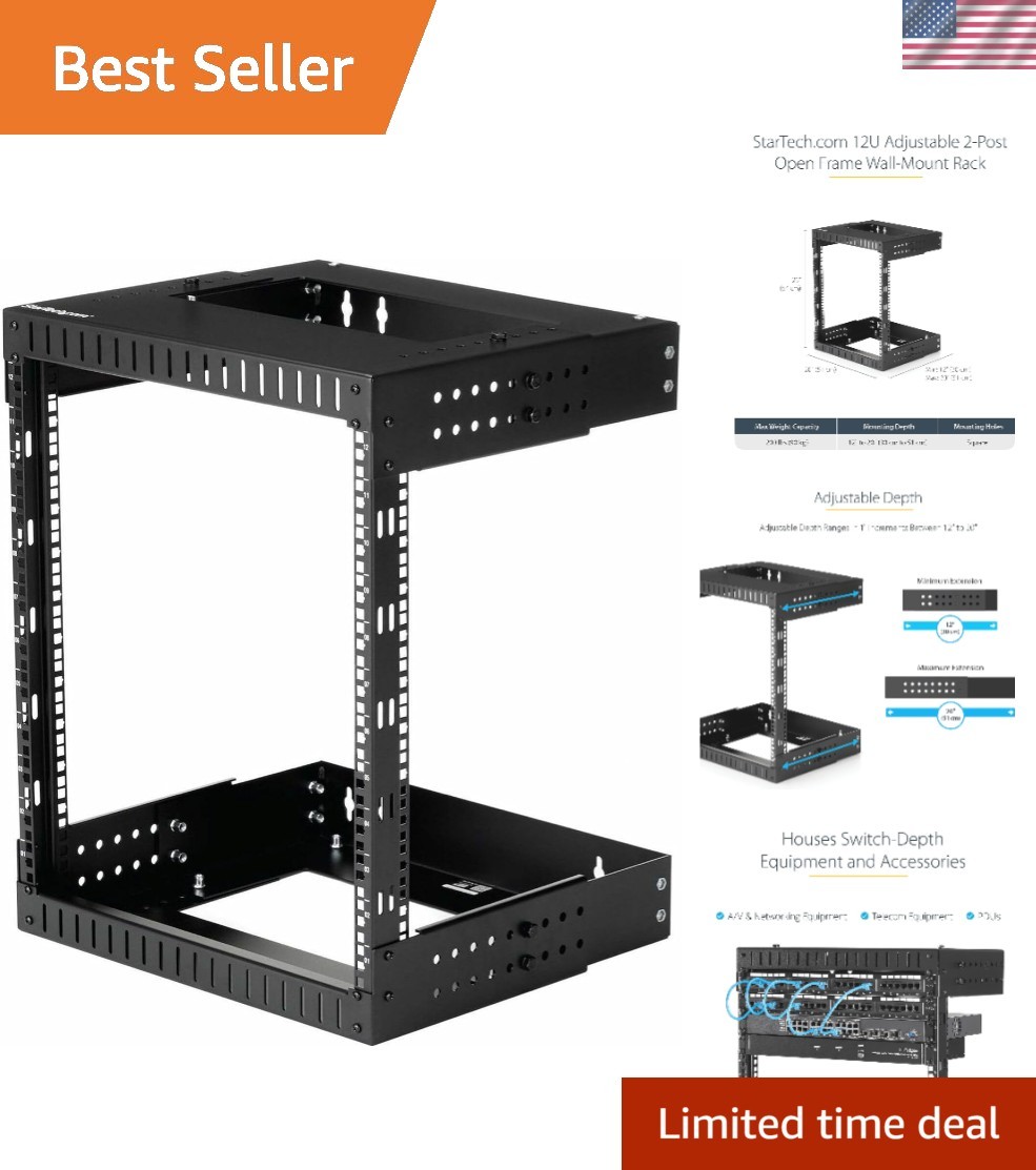 StarTech 12U 2-Post Wall Mount Open Frame Rack, 19in, 200lb RK12WALLOA