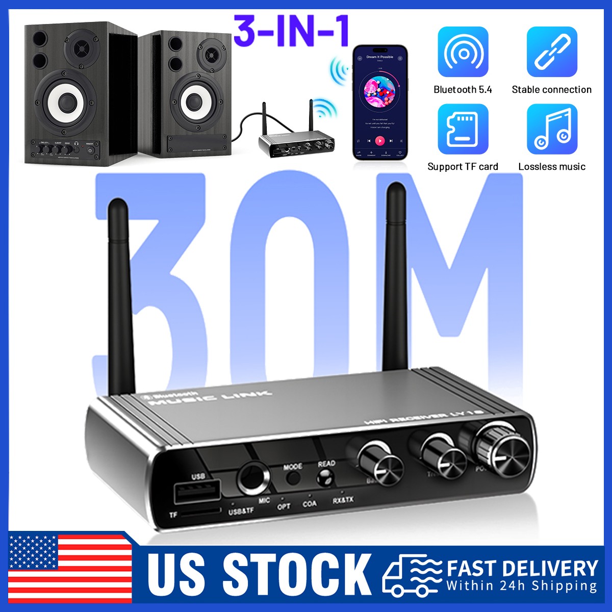 Bluetooth 5.4 Transmitter Receiver Long Range For TV Home Stereo Audio Adapter