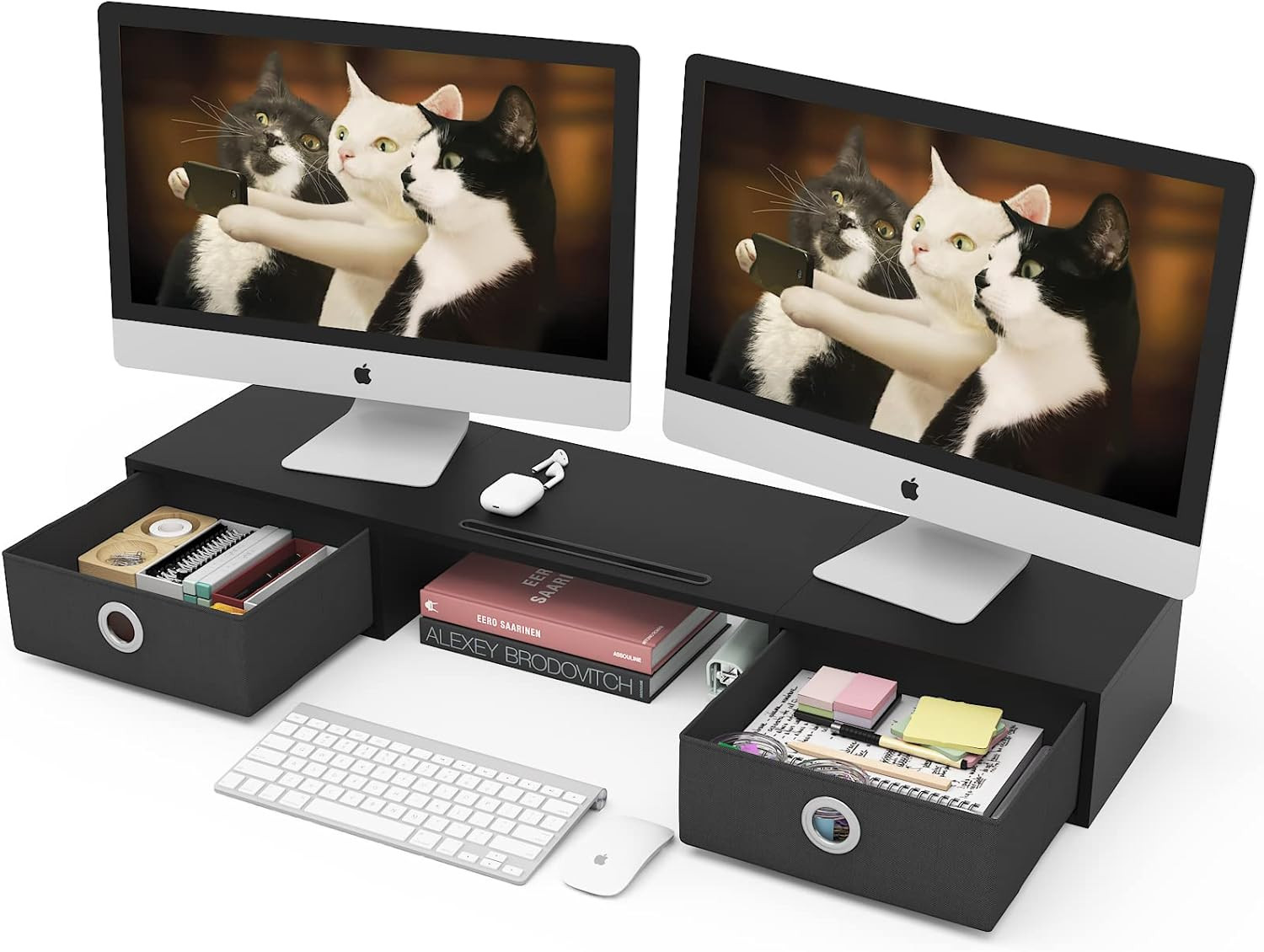 Dual Monitor Stand Riser with Two Drawers, Extra Large Storage Monitor