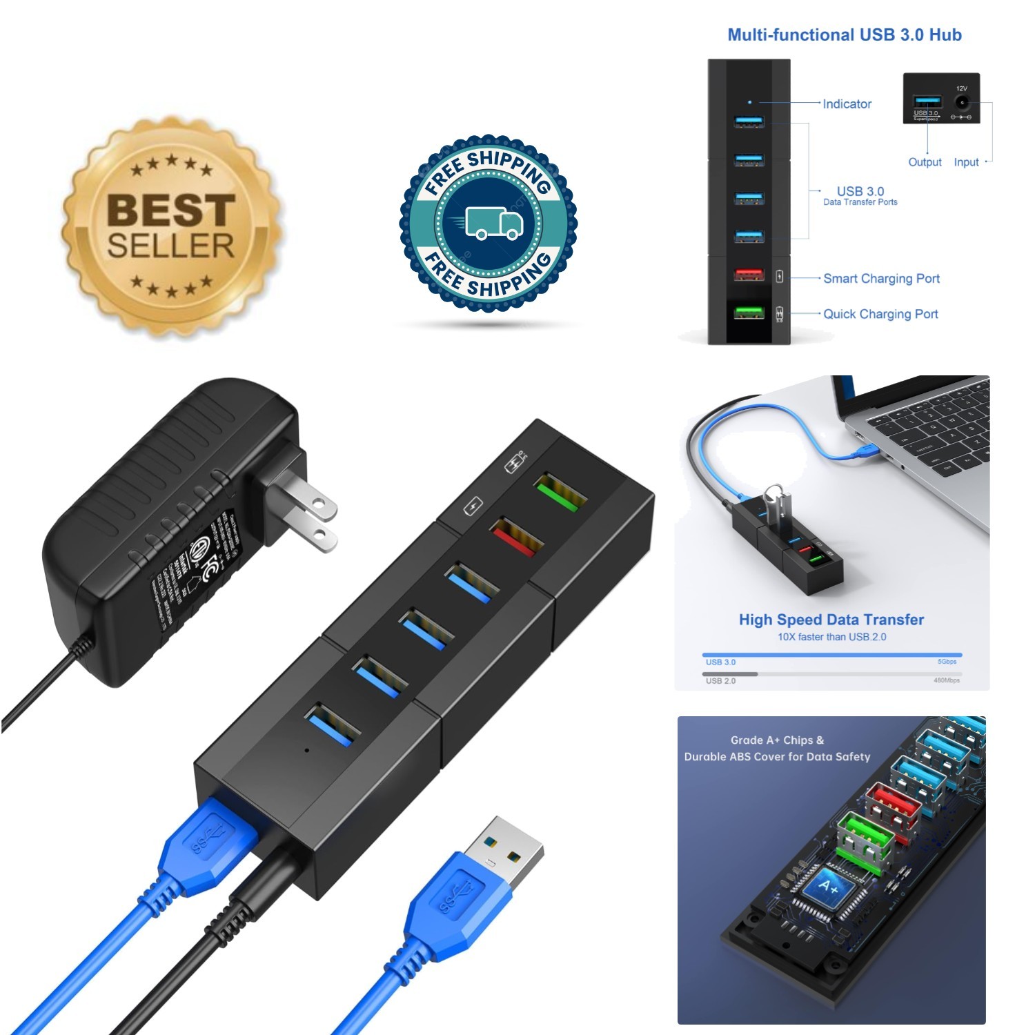 Plug and Play 6-Port USB 3.0 Hub with Quick Charging – Black Multi-Device Hub