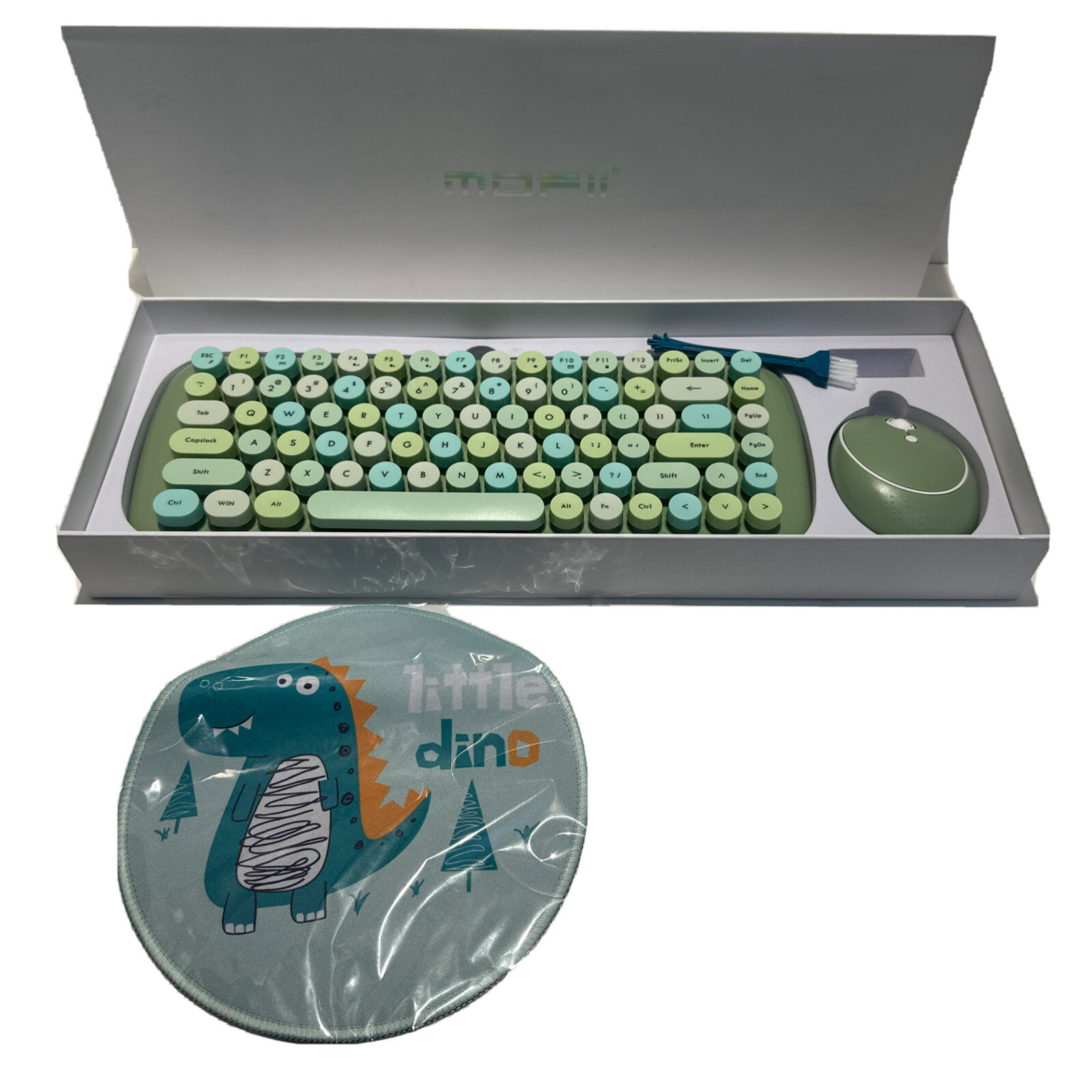 MOFii Wireless Retro Keyboard Mouse Set Green Round Keys w/ Dino Mouse Pad